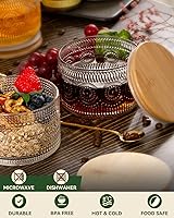 Vista 6 de Vintage Glass Coffee Mugs Set of 4, Overnight Oats Containers with Bamboo Lids and Spoons - 14oz Clear Tea Cups for Cappuccino Latte Americano