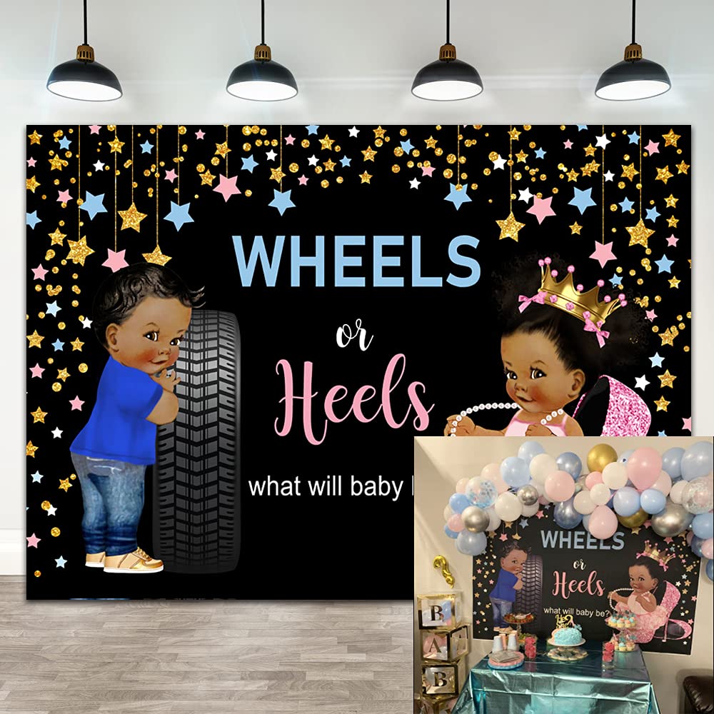Buy 7×5ft Wheels or Heels Gender Reveal Baby Shower Backdrop Blue Car