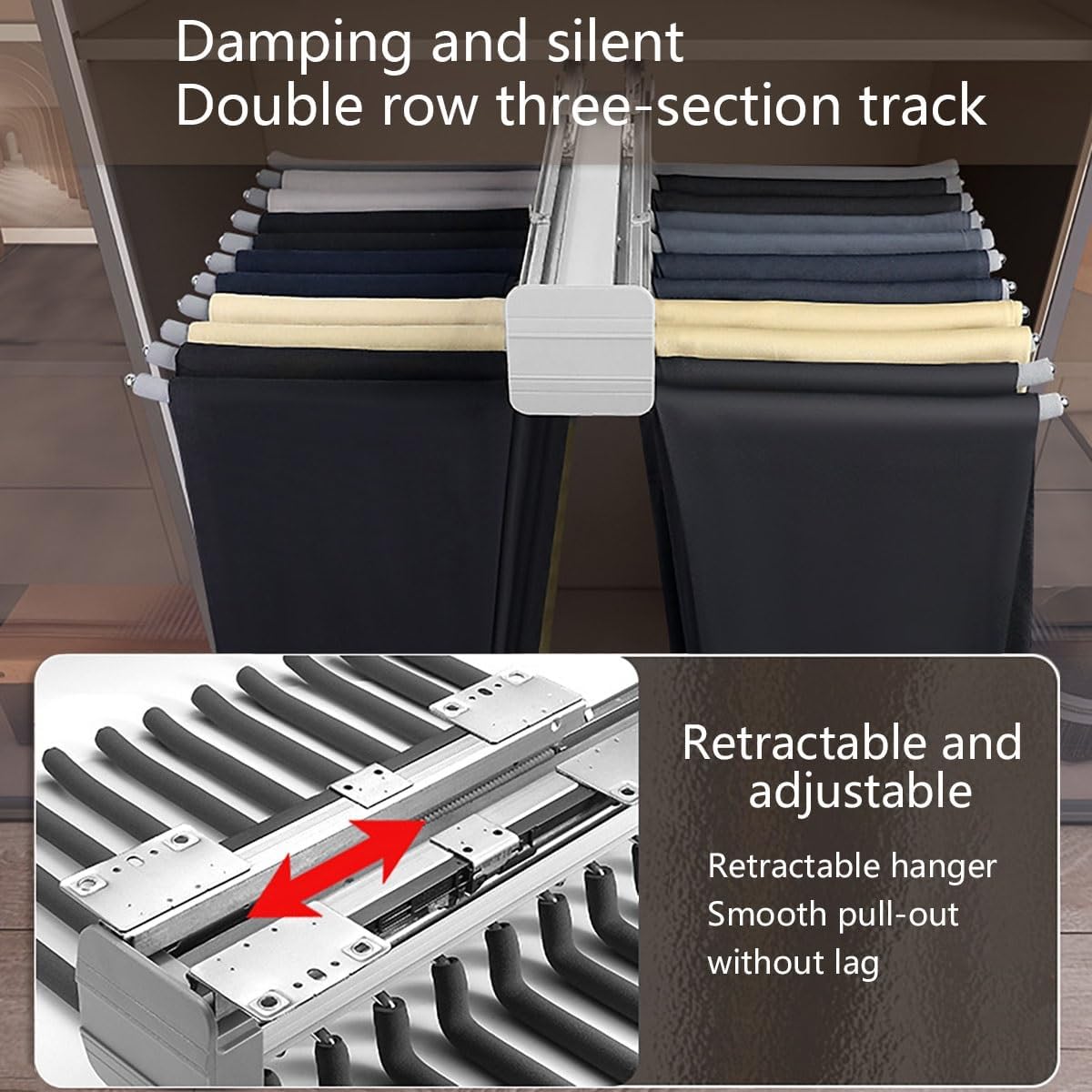 伸縮式アルミ合金ズボンラック - 省スペース2列スライド式パンツハンガー、38cm x 35cm、効率的な衣類収納のための多機能クロ