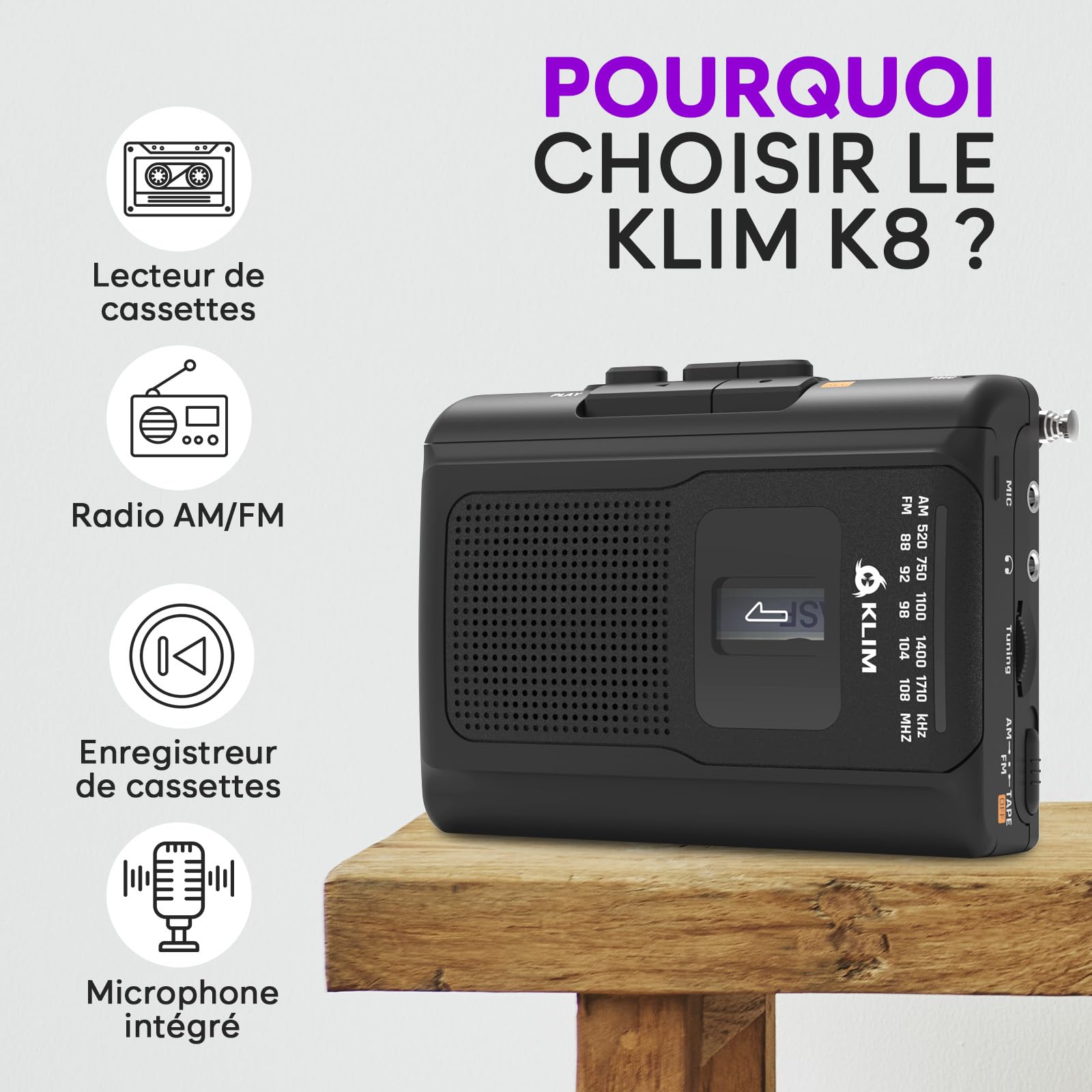 KLIM K8 Lecteur Cassette Audio avec Un Casque F1 - Enregistreur Cassette - Nouveau Player - Radio AM/FM - Microphone et Haut-Parleur Intégrés - Prise Casque et Écouteurs - Noir