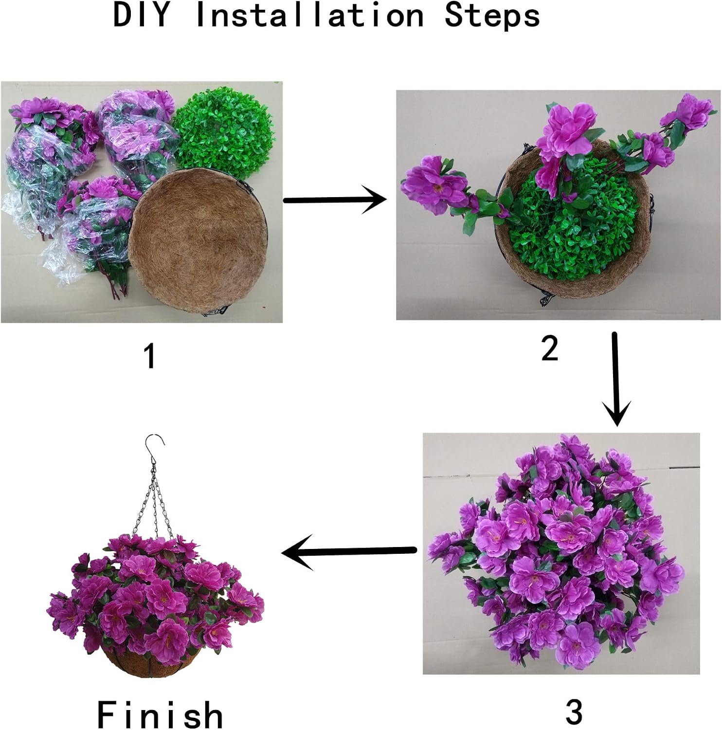 Flo Artificial Flower Hanging Basket for Home Market Outdoor Decoration Hanging Silk Flowers Basket with Artificial Azalea Flowers Purple (Big Basket and Artificial Flowers) Flo