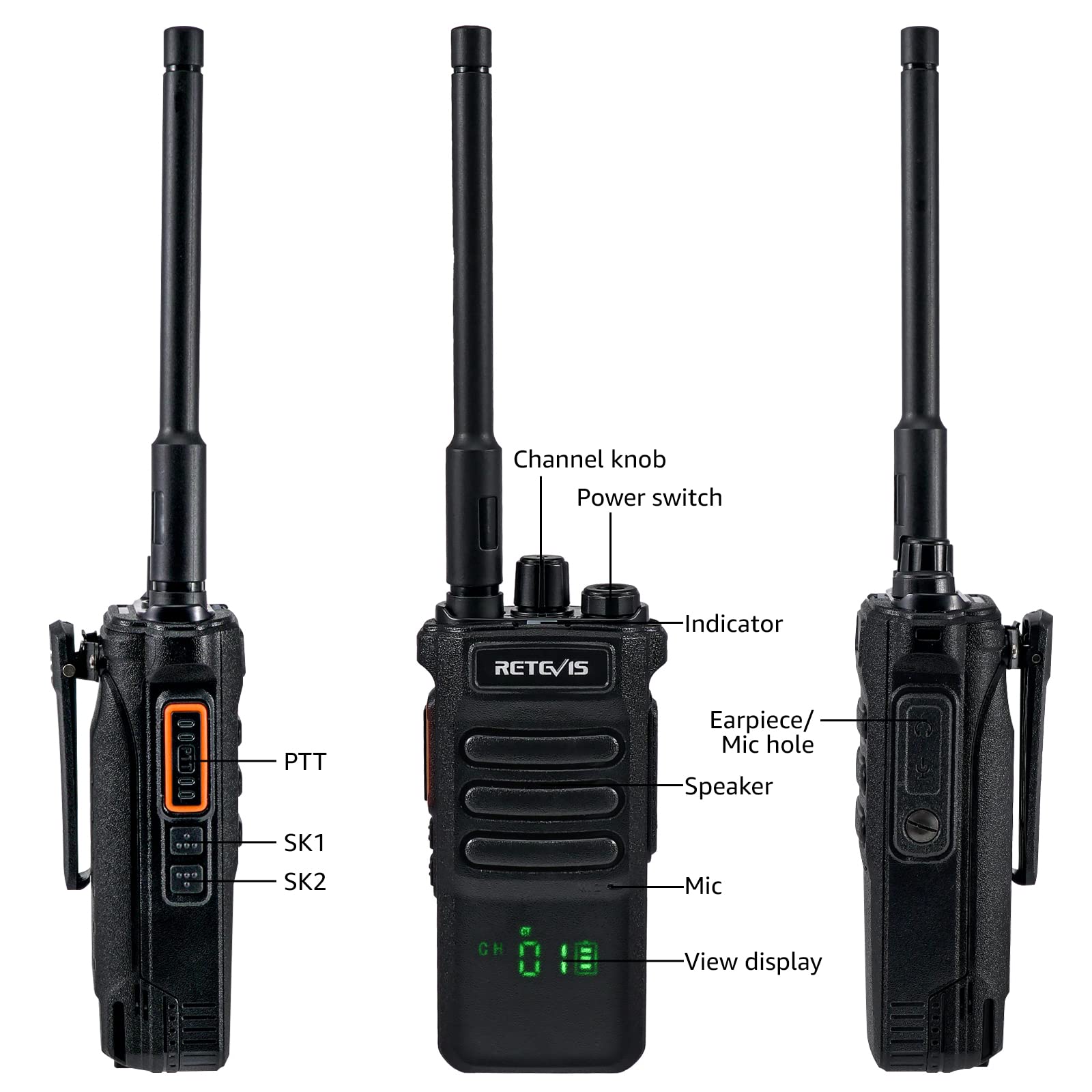 Retevis RT86 Talkie Walkie Professionnel, Radio Bidirectionnelle Longue Distance Haute Puissance, 2600 mAh Rechargeable, Écran Caché, Talkie Walkie Robuste pour la Logistique (Noir, 3 Pièces)