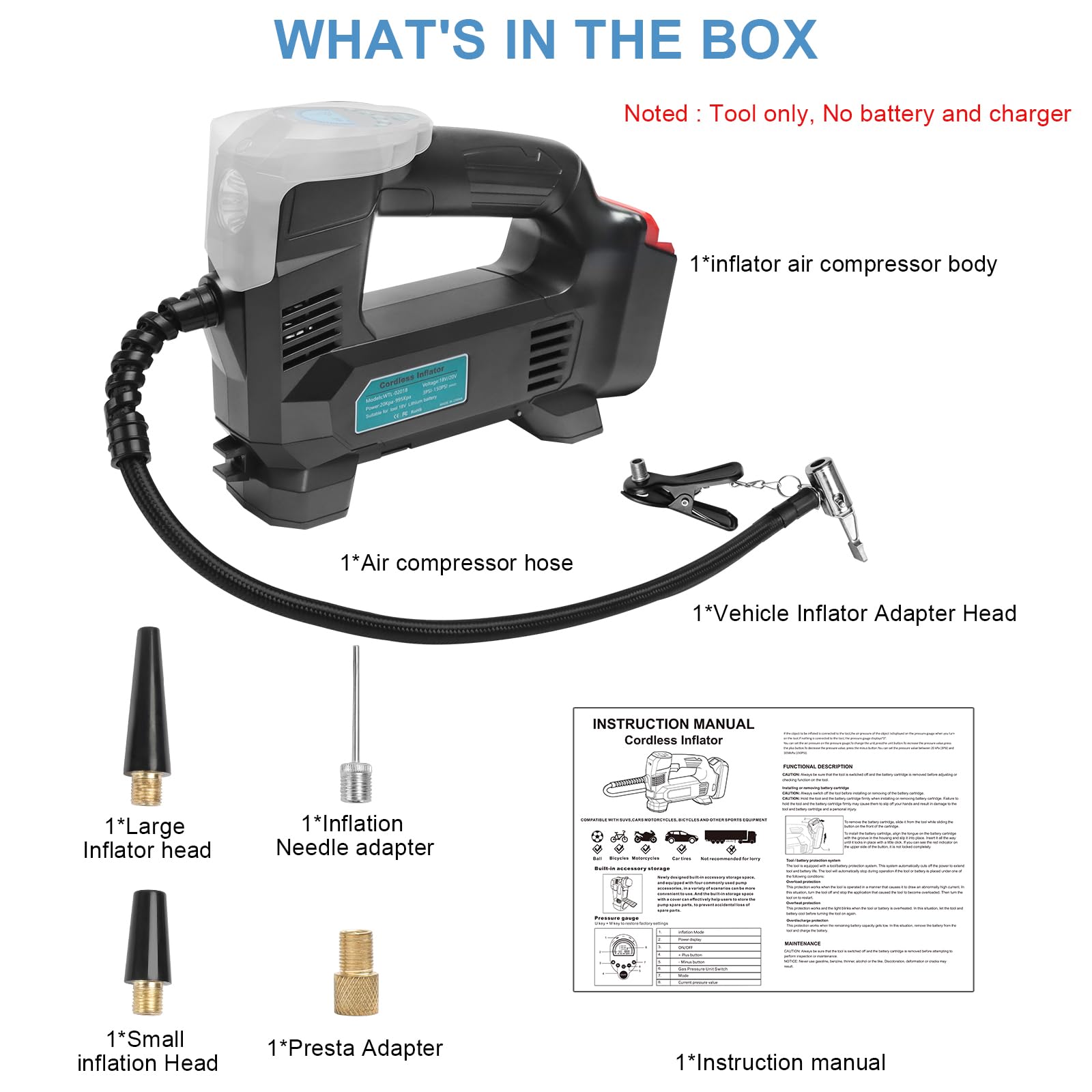 Powarobor Akku-Luftpumpe kompatibel mit Bosch 18V GBA/GBA ProCORE Akku,10,3bar Kompressor/Elektropumpe für Auto/Motorrad/Fahrrad/Bälle/150 PSI,automatische Abschaltung, LED,Echtzeitmessung (ohne Akku)
