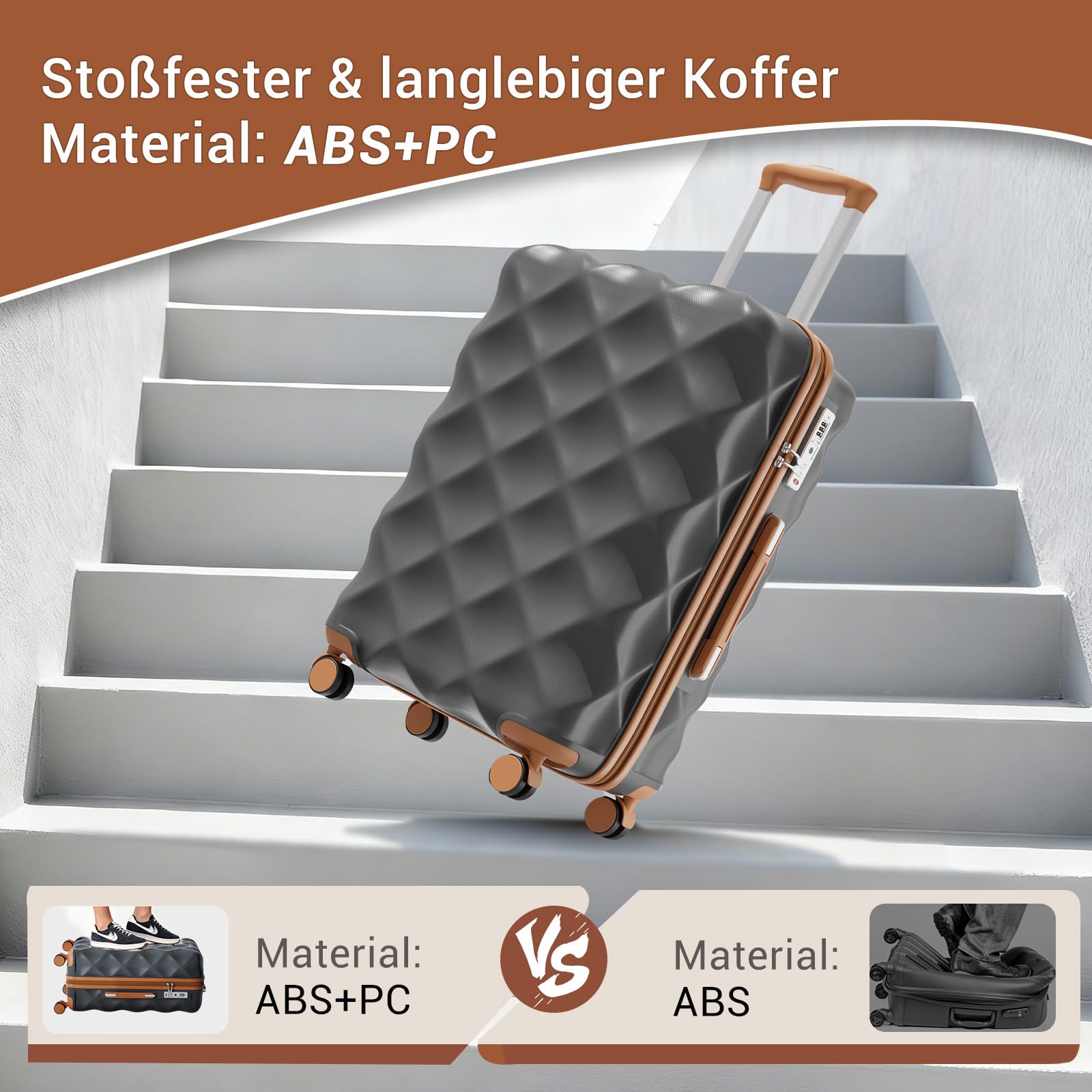 British Traveller 2-Teiliges Kofferset für Paarreise, Hartschalen-Koffer Set Leicht & Robust, 34L+57L, Zweiteiliges Gepäckset mit 360° Spinner Räder, TSA Zahlenschloss, Grau