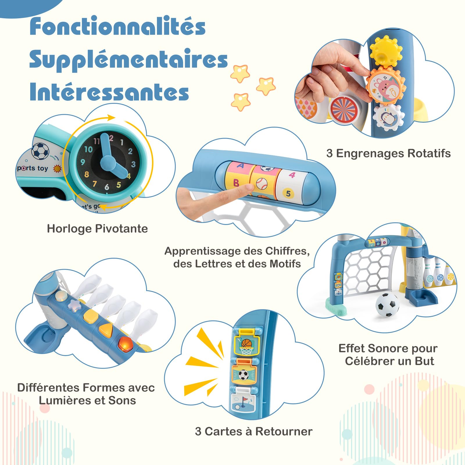 COSTWAY Jouet Sportif 5 en 1 Enfant avec Panier de Basketball & Football & Golf & Bowling & Baseball, Centre d'Activités avec Lumières & Musique & Score LED, Horloge et Cartes pour 18 Mois+