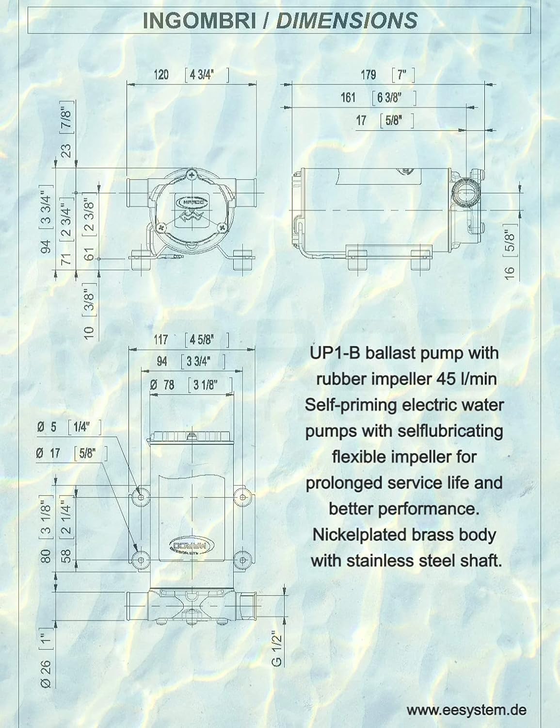 MARCO UP1-B Pump for Ballast Tank with Nitrile Rubber Impeller 24 V 45 l/min 16200313 Transfer Pump Boat Pump for Keel Space and Grey Water Emptying