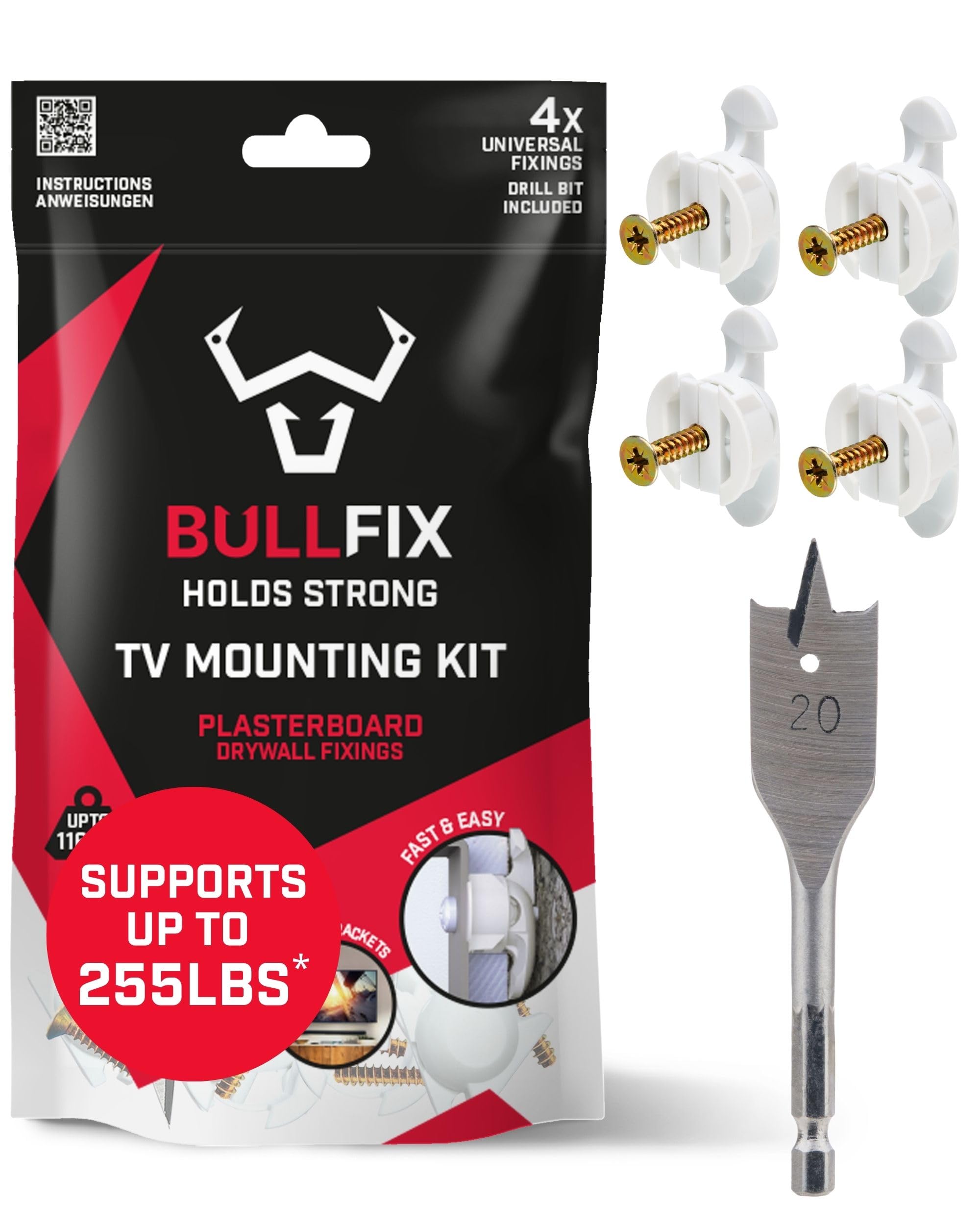 Bullfix TV Kit - TV Bracket Drywall Anchors, Holds up to 255lbs, Heavy Duty Wall Anchors for Drywall, Stud & Hollow Cavity with 13/16" Drill Bit, Heavy Duty Fixings for Televisions