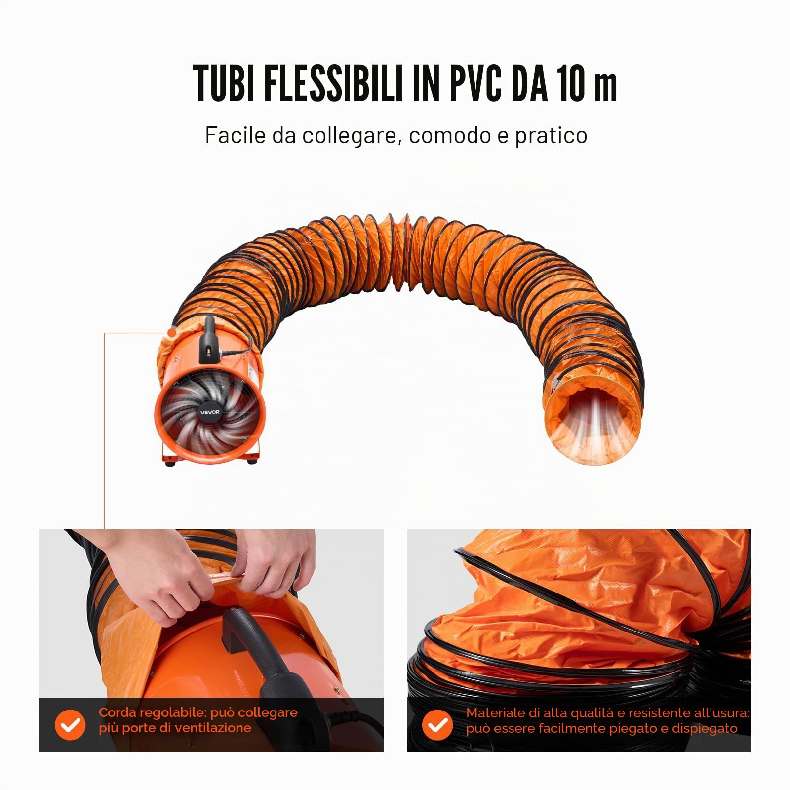 VEVOR Ventilatore Portatile, 365 W Estrattore d'Aria Aspiratore Industriale 304,8 mm Condotto Tubo Flessibile da 10 m Volume d'Aria 2574 CFM (4373 m3/h) 2 Marce per Aspirare Polvere Fumo 79 dB IP44