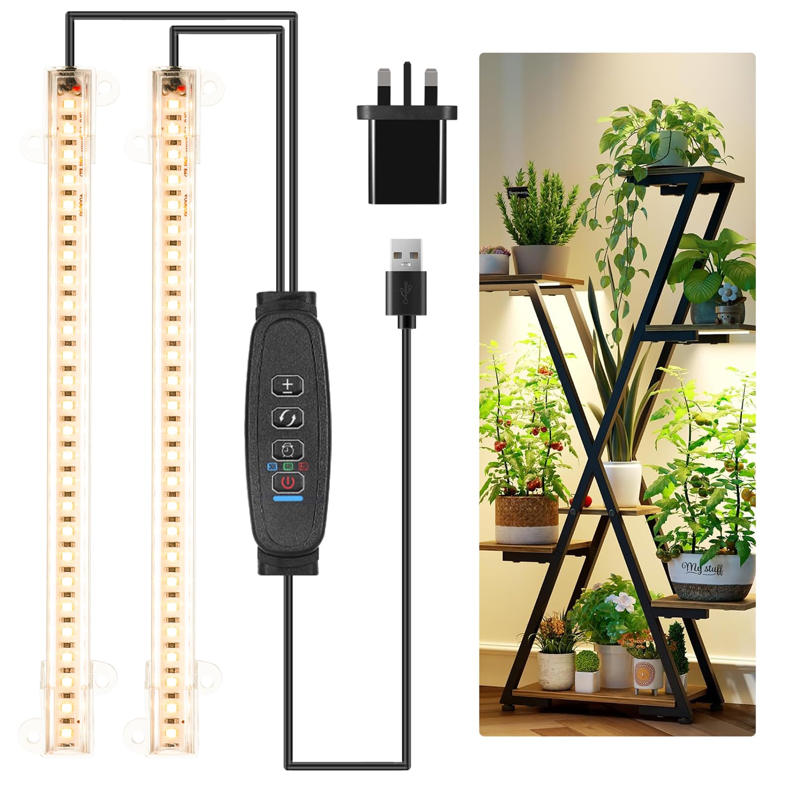 Czoumu 2 Head 1 Pack 8.6'' Led Grow Light Strips, Full Spectrum 3500K Grow Lights For Indoor Plants, 2 Head With 3/9/12H Timer, 10 Dimmable Levels, Suitable For Seedling, Succulent, Plant Shelf And Greenhouse, 1-Pack