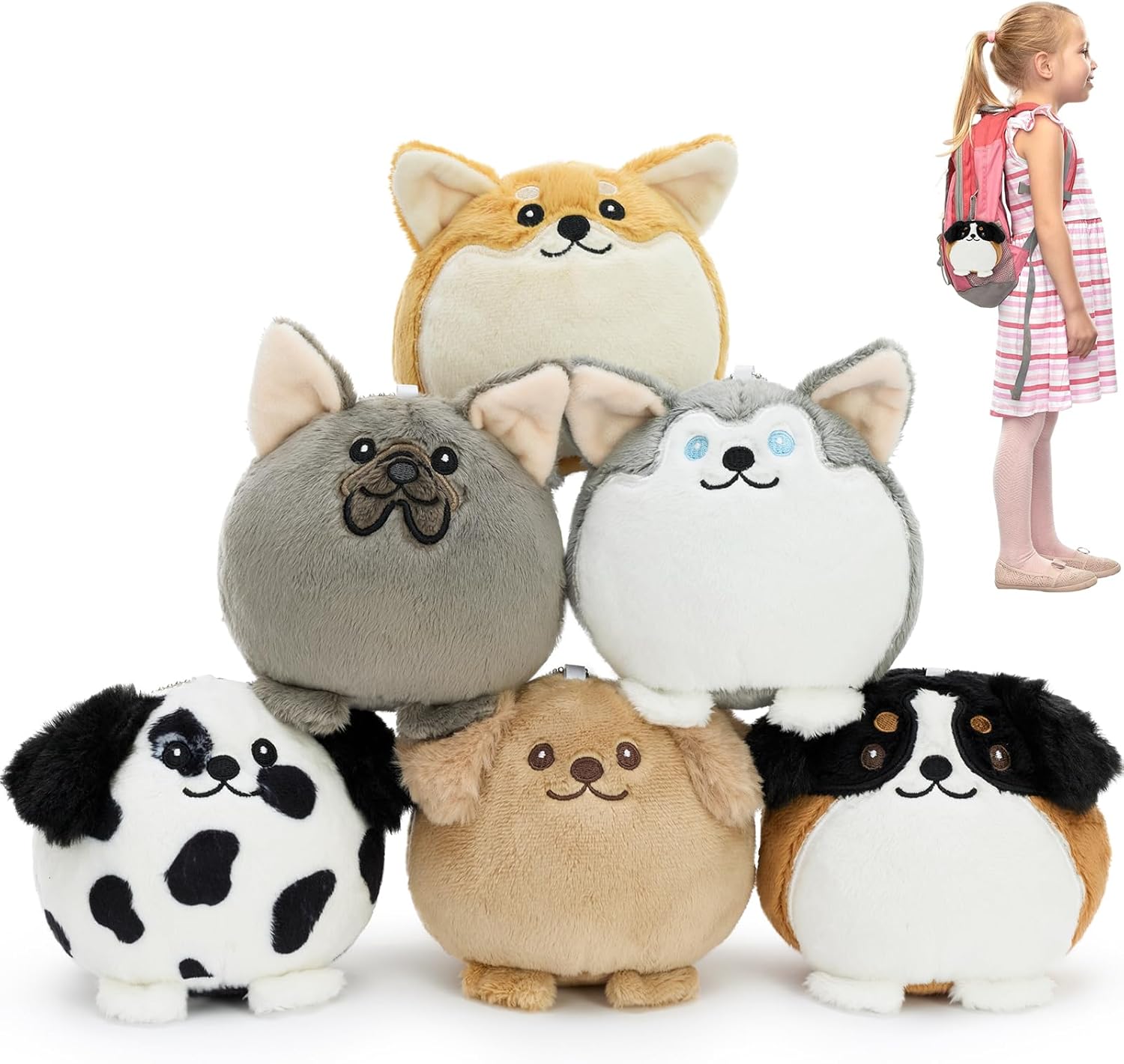 Muiteiur 6PCS Dog Plush Keychain Set, 3.94 Inch Cute Mini Stuffed Animal Charms, Soft Squishy Puppy Keychains for Backpacks, Party Favors & Gifts for Kids, Teens & Dog Lovers