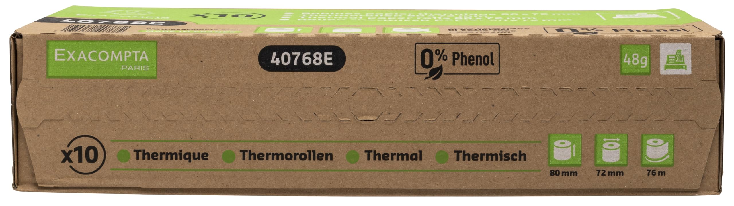 Exacompta - Ref 40768E - Caja de 10 bobinas térmicas para recibos - Ancho 80 mm x diámetro 72 mm, 1 capa térmica 48 g/m² sin fenol, cero residuos de plástico - Medidor +/-2 m: 76 m