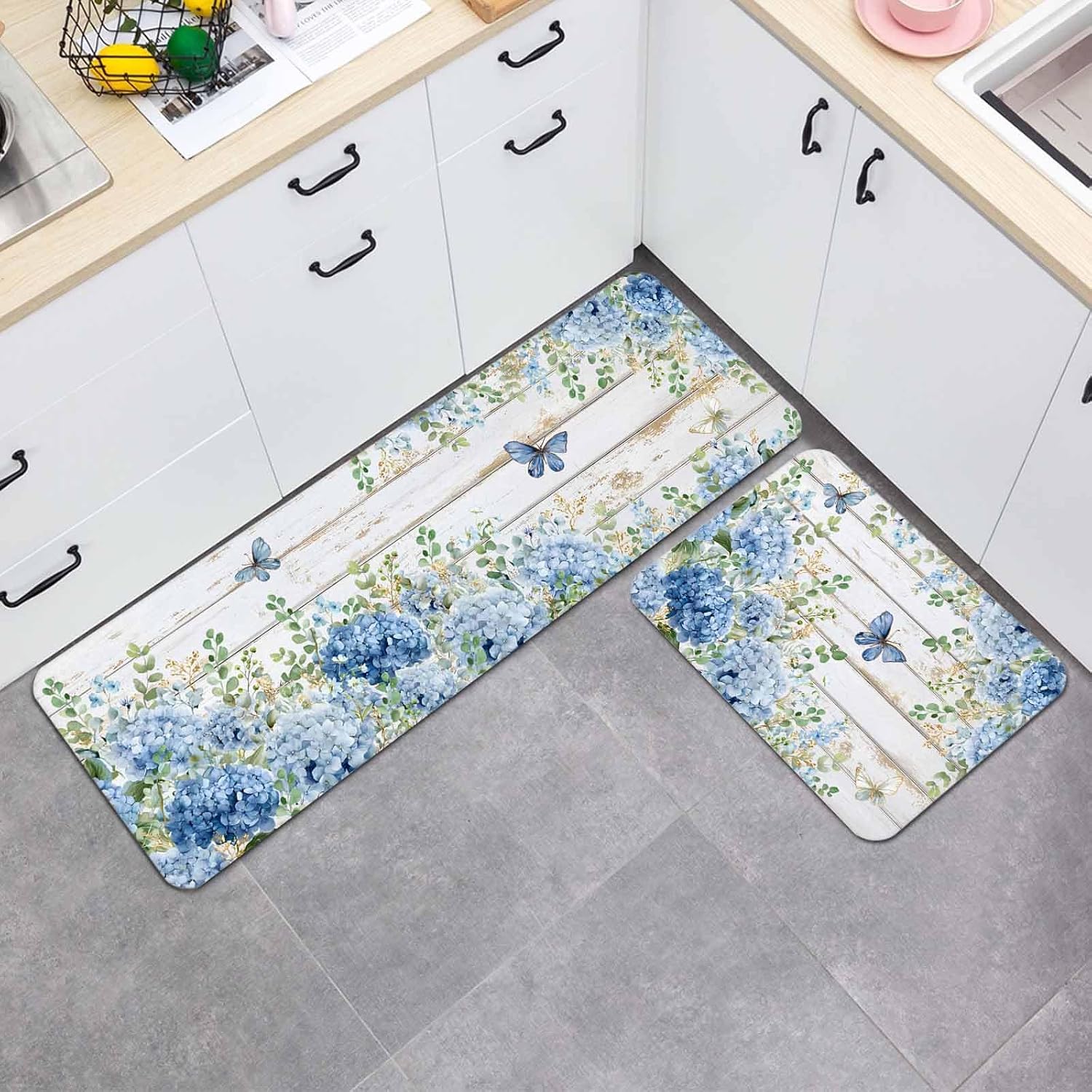 Prime Leader Blue Floral Kitchen Mat Set 2 Pieces Summer Country Hydrangea Floral Butterfly Wood Grain Non Slip Kitchen Rugs Washable Runner Rug Mats for Sink Laundry (19.7" x 31.5"+19.7" x 63")