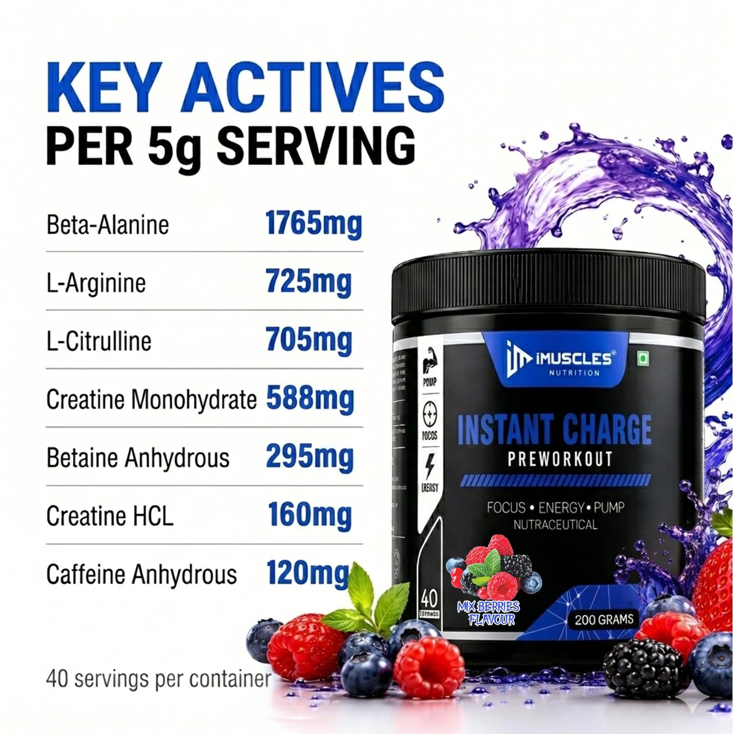 Instant Energy Pre Workout (200gm, 40 Servings, Mix Berries) Supplement Powder with Creatine Monohydrate, Arginine, Beta-Alanine, Electrify Muscle Pump, for Men, Women — Amazon image 2