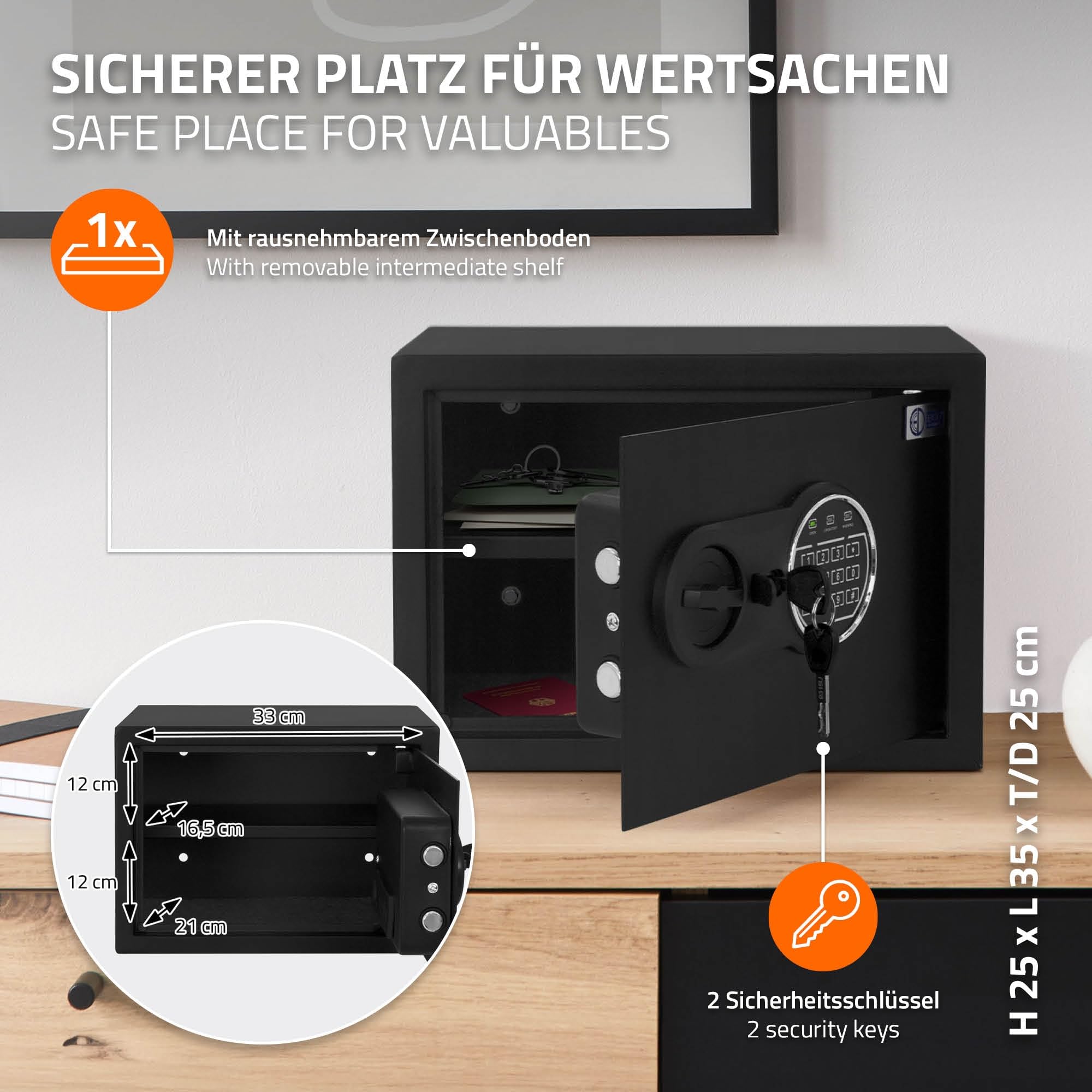 ECD Germany Caja Fuerte de Seguridad Eléctronica 16L 35x25x25 cm Pequeña con Bolsa Ignífuga, Teclado Númerico Digital, Luz de Sensor y Código PIN Metal Negro Depósito Seguro de Pertenencias