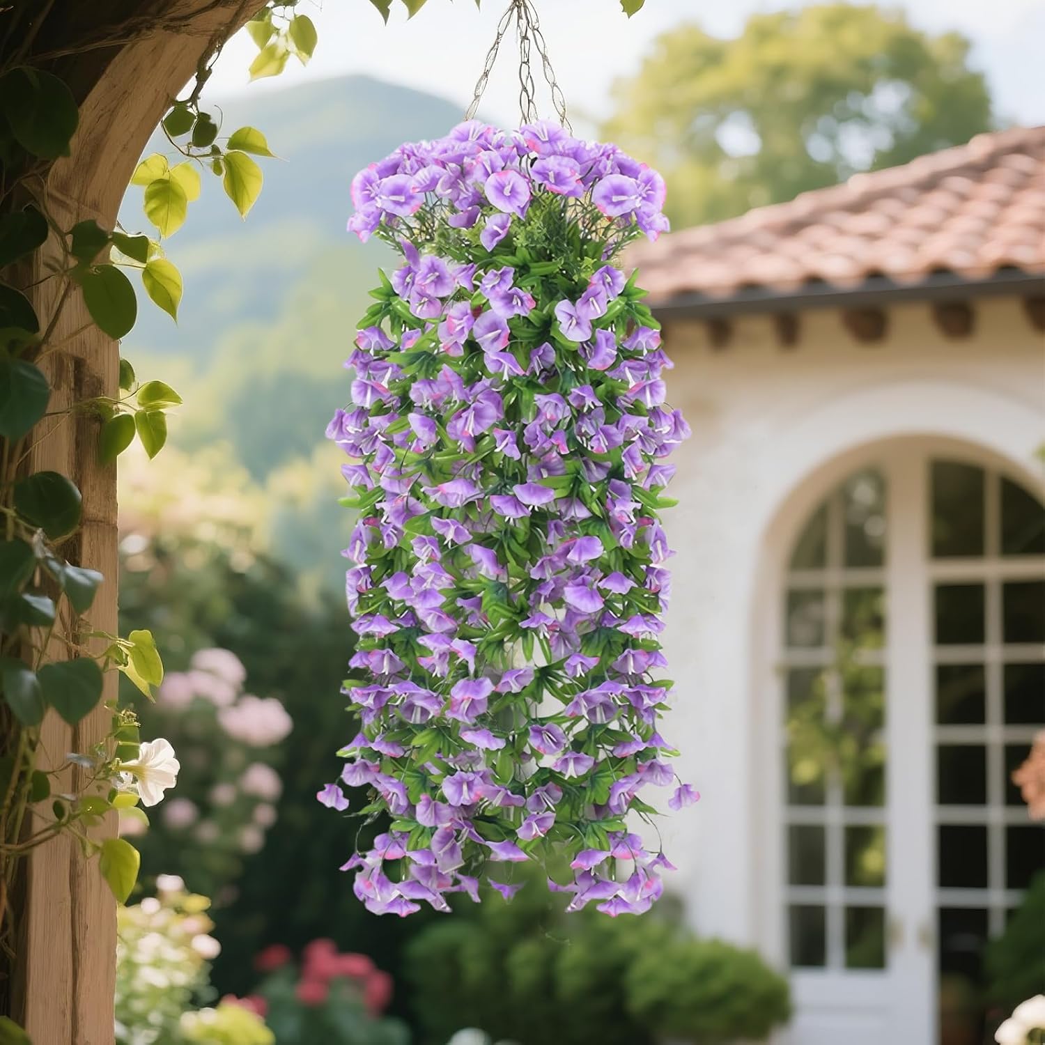 Artificial Fake Hanging Plants Flowers for Spring Summer Decoration, 3Pcs Faux Silk Flower in Planter Look Real UV Resistant for Home Porch Patio Balcony Yard Decor (Purple-Morning Gloy-3Pack)