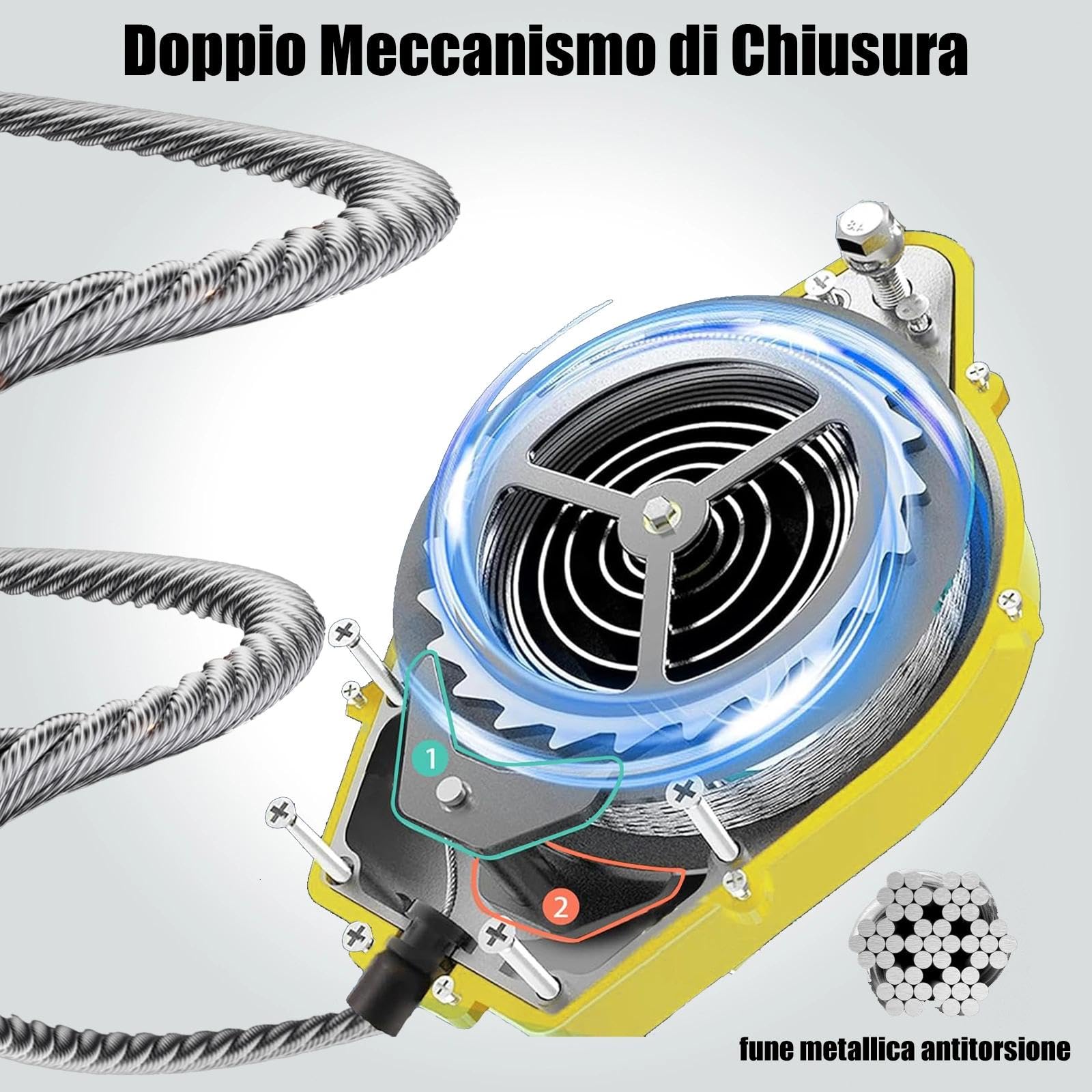 Dispositivo Anticaduta Retrattile 3-20m con Bloccaggio Automatico | Imbracatura Sicurezza per Lavori in Quota su Tetti, Cavo in Acciaio e Gancio Resistente, Ideale per Edilizia e Manutenzione