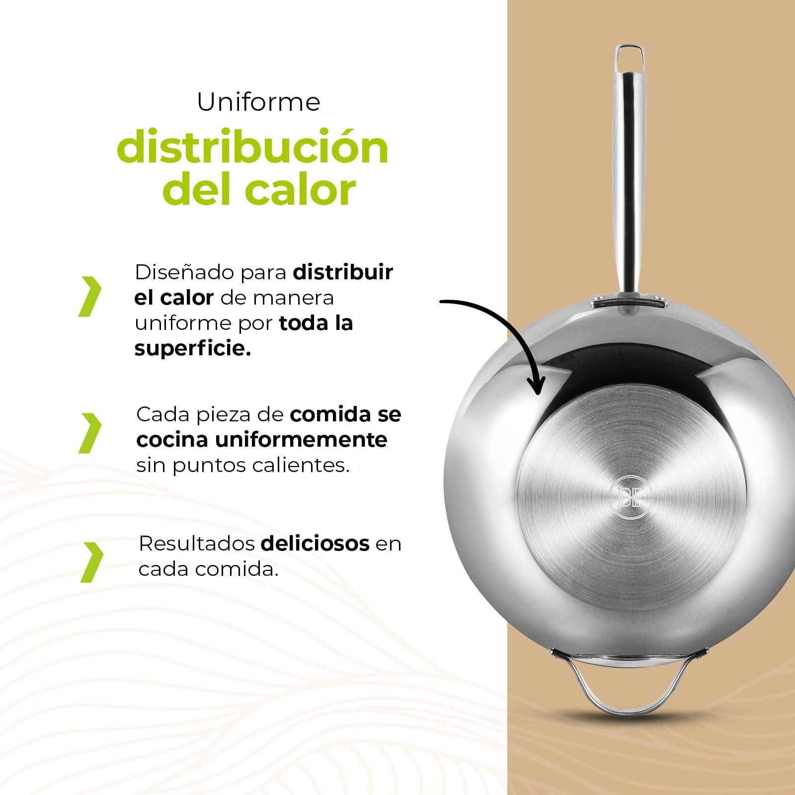 Be Living Sartén wok de acero inoxidable – Ø 32 cm – cerámica – inducción – sin PFAS, antiadherente – sartén – serie Essential