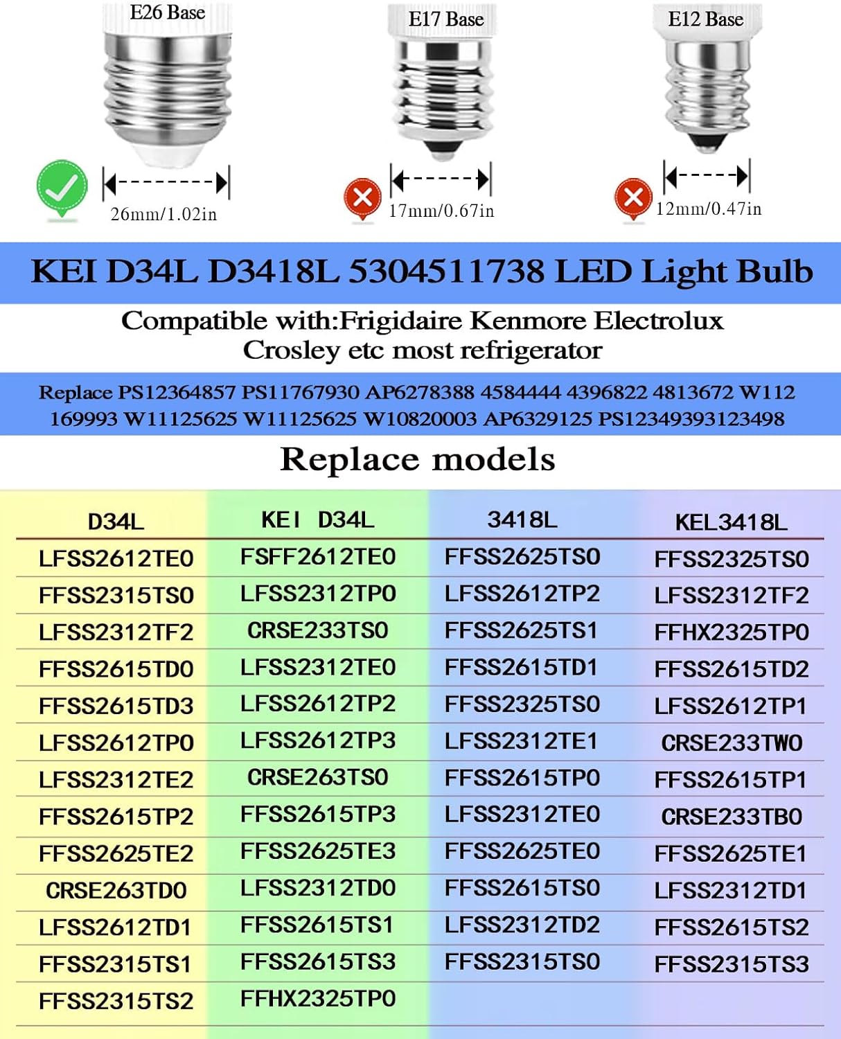 KEI D34L Refrigerator Bulb ac 100-265v 3.5w Replacement LED Refrigerator Light Bulb Freezer Lamp for Frigidaire Fridge, KEI D34C 40w Equivalent E26 LED Appliance Lighting, White Light, 2-Pack