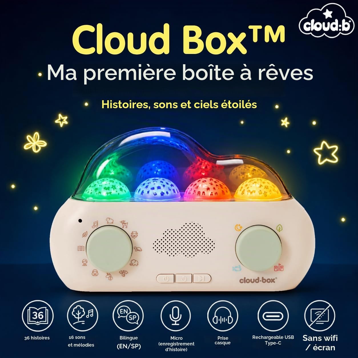 Cloud B CloudBox - Mi Primera Caja de sueños | Proyector Luz Nocturna y Cuentacuentos | 36 Cuentos Originales, 8 Melodías y 8 Ruidos Blancos | Recargable con Configuración Ajustable | Español/Inglés