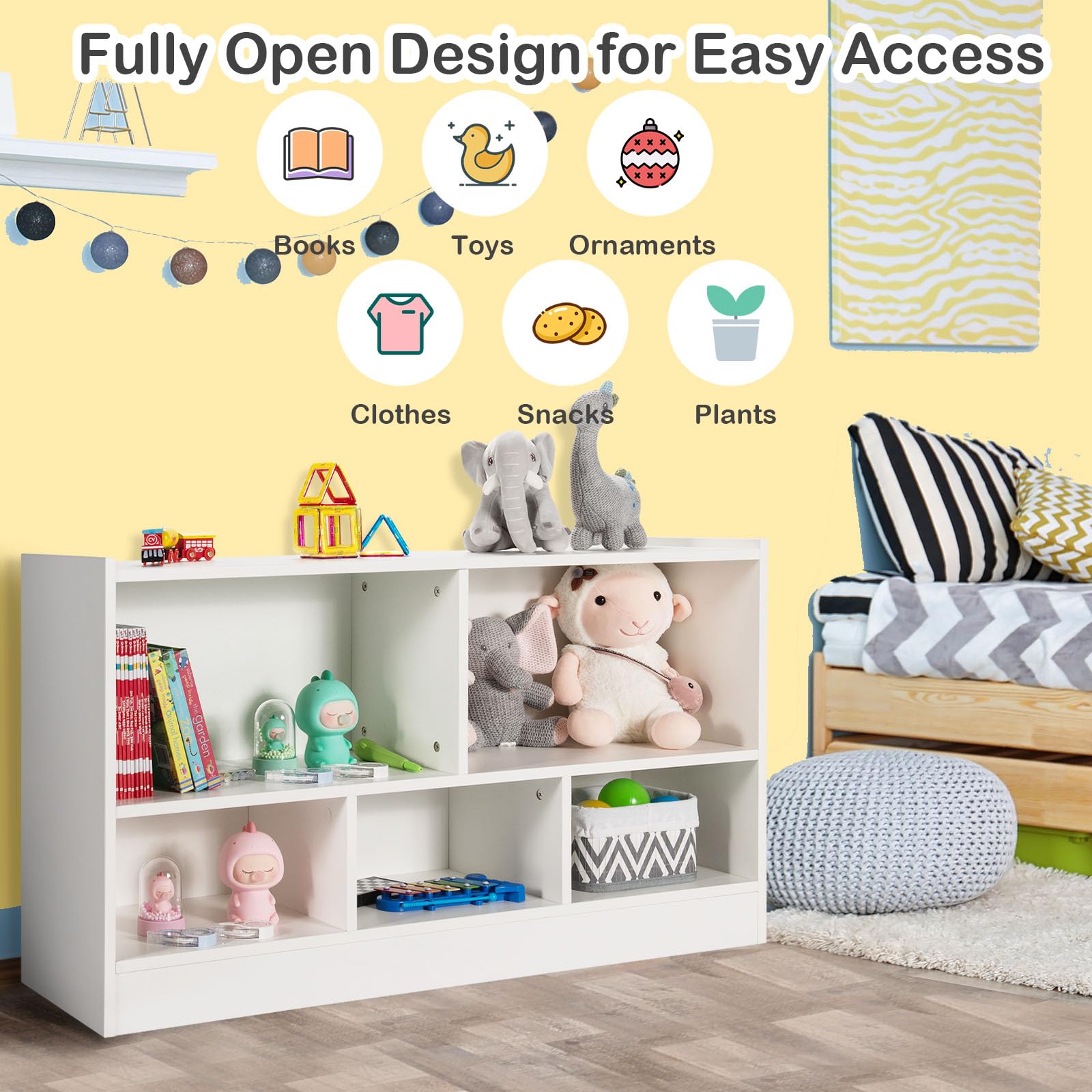 HOMASIS Scaffale per Bambini a 2 Livelli con 5 Scomparti, Libreria per Bambini in Legno, Armadietto Aperto per Stanza dei Giochi, Camera da Letto, Salotto, Aula, 111 x 30 x 61,5 cm (Bianco)