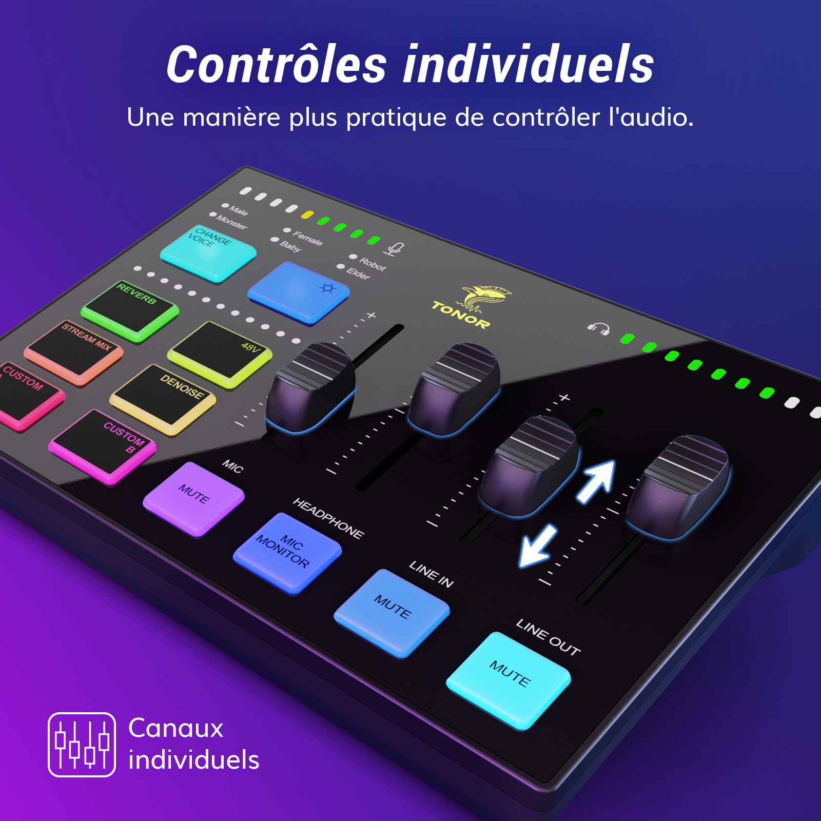 TONOR Gaming Audio Mixer PC, RGB Mixer avec Canaux XLR et 6,35 mm pour Streaming, Podcast, l'enregistrement, Interface Audio pour TikTok, YouTube, Contrôle Individuel du Volume, Bouton de Sourdine