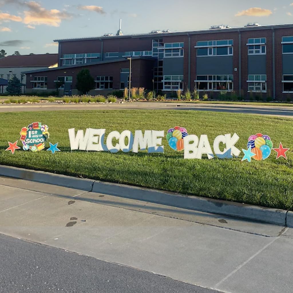 VictoryStore Welcome Back to School Yard Decorations, First Day of School Lawn Cards, 12pcs, Includes Metal Stakes (Multicolor)