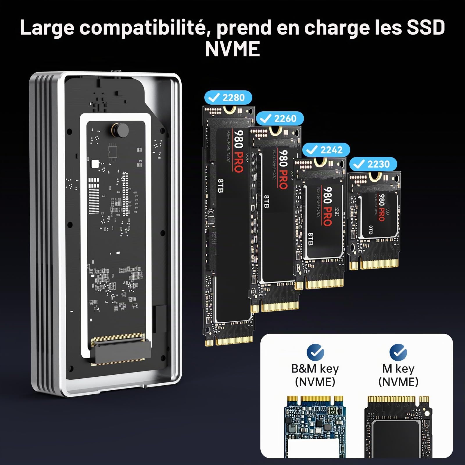 Boîtier SSD, ANYOYO Boîtier NVMe 40 Gbps avec Ventilateur, Boîtier SSD M.2 en Aluminium pour Thunderbolt 3/4, périphérique USB4/3.2/3.1/3.0, prise en charge de la clé 2280 M/B+M Key, jusqu'à 2800 MB/s