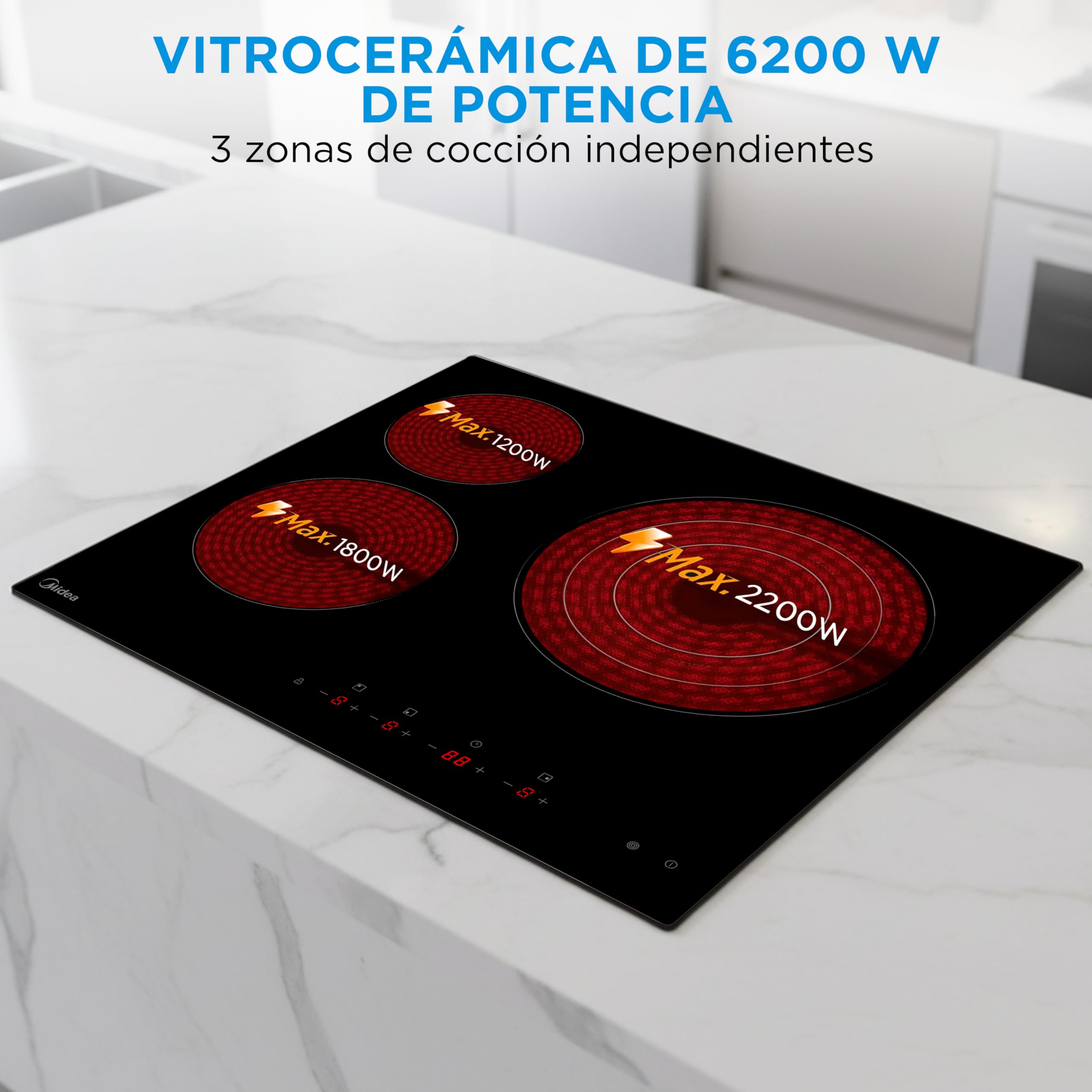 MIDEA Placa Vitroceramica 3 fuegos 6200 W - Vitroceramica Integrada con Panel de control tactil, Indicador de Luz, Temporizador, Child lock y Protección por Sobrecalentamiento — view 4