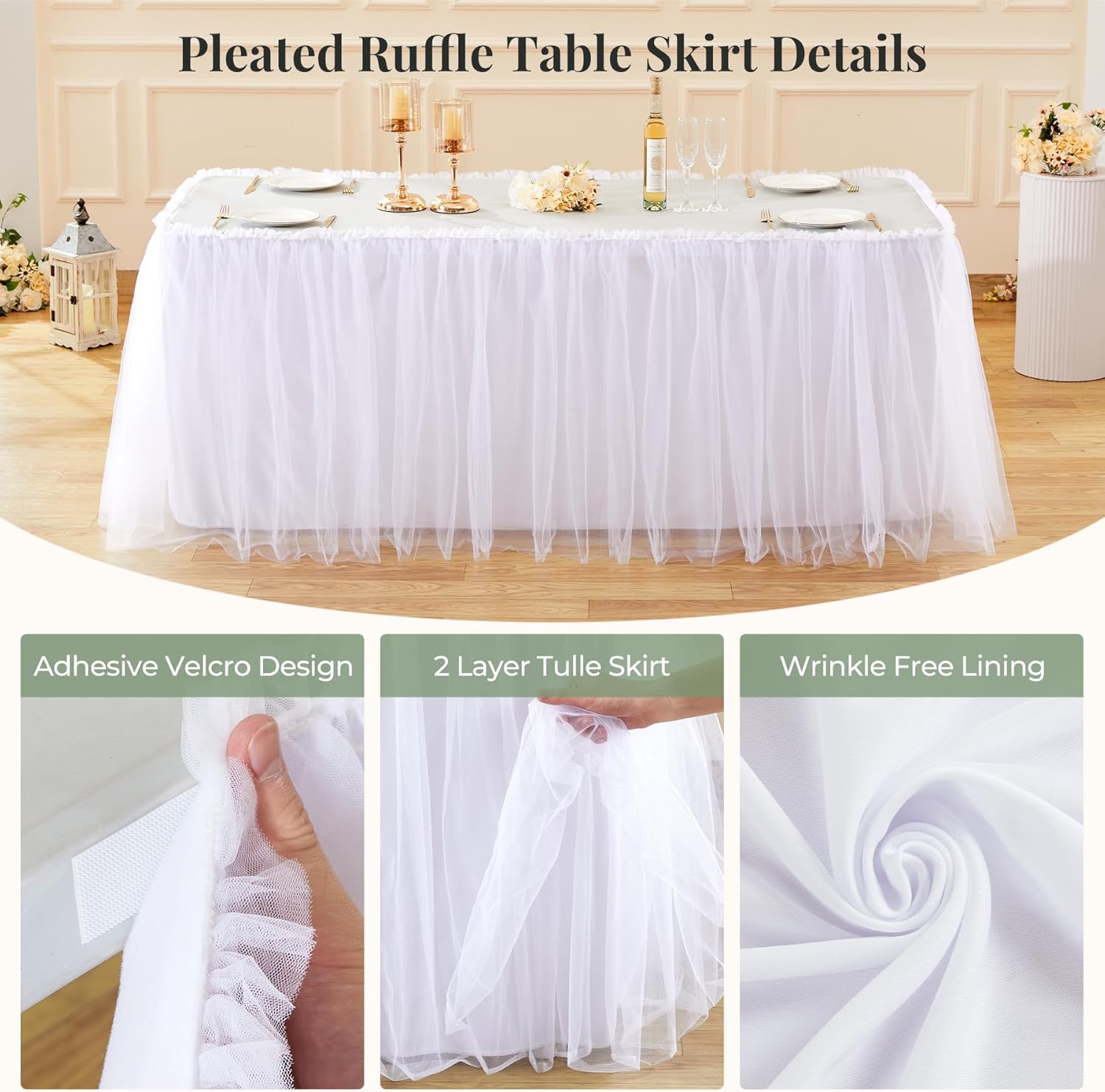 PARTISKY 12FT Length White Tulle Table Skirt for Rectangle Tables 2-Layer Ruffle Tulle Tutu Cloth Desk Table Skirt for Baby Shower Girl Birthday Party Wedding Cake Dessert Decorations