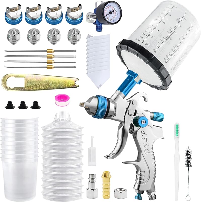Pistola pulverizadora de aire alimentada por gravedad HVLP con boquillas1.4/1 .7/2.0/2.5 mm y copas mezcladoras de 650 cc, pistola pulverizadora de pintura para aplicaciones de reacabado automotriz y acabado de paredes domésticas