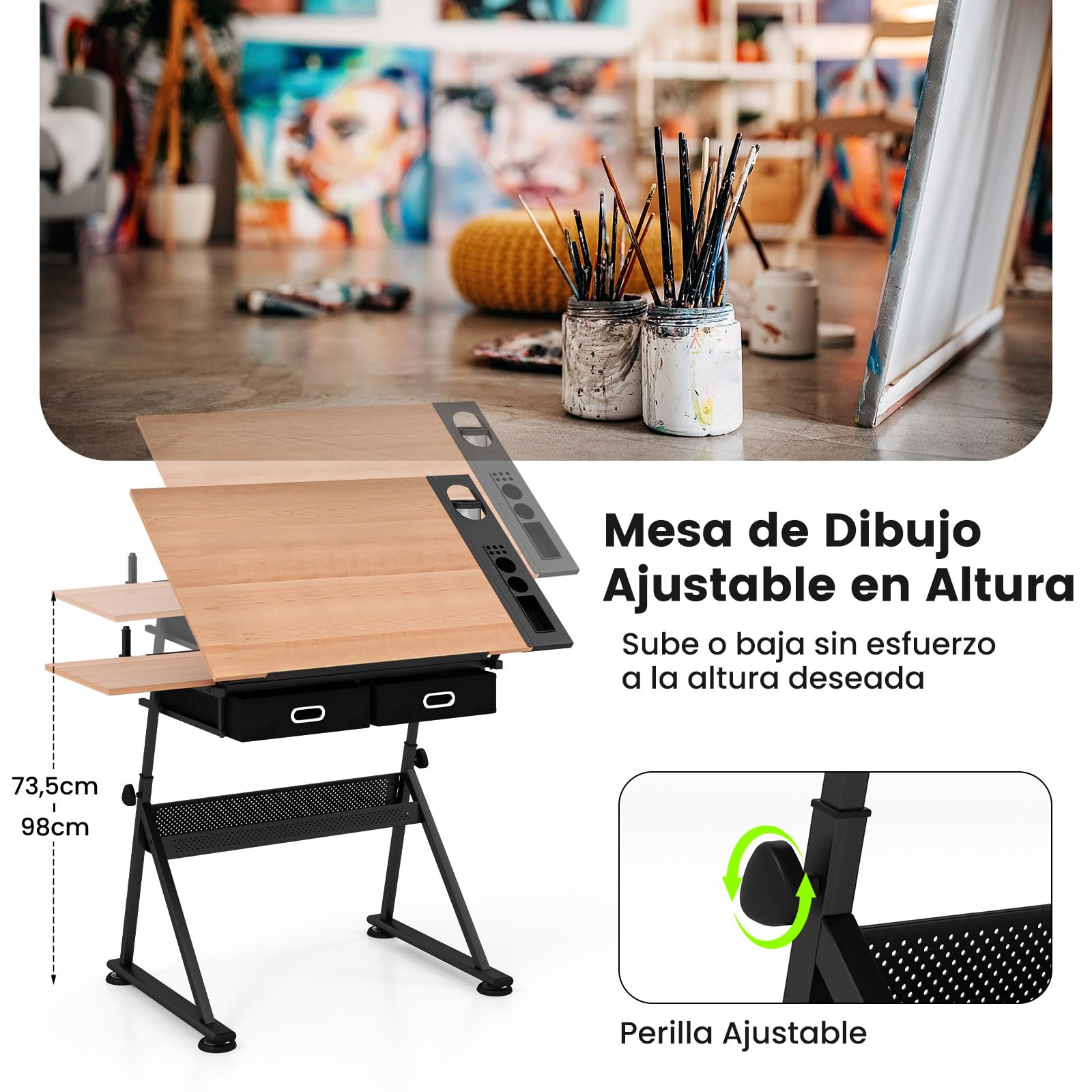 COSTWAY Mesa de Dibujo para Arte, Diseño Ángulo y Altura Ajustable, Escritorio para Oficina con Cajón Silla (Natural)