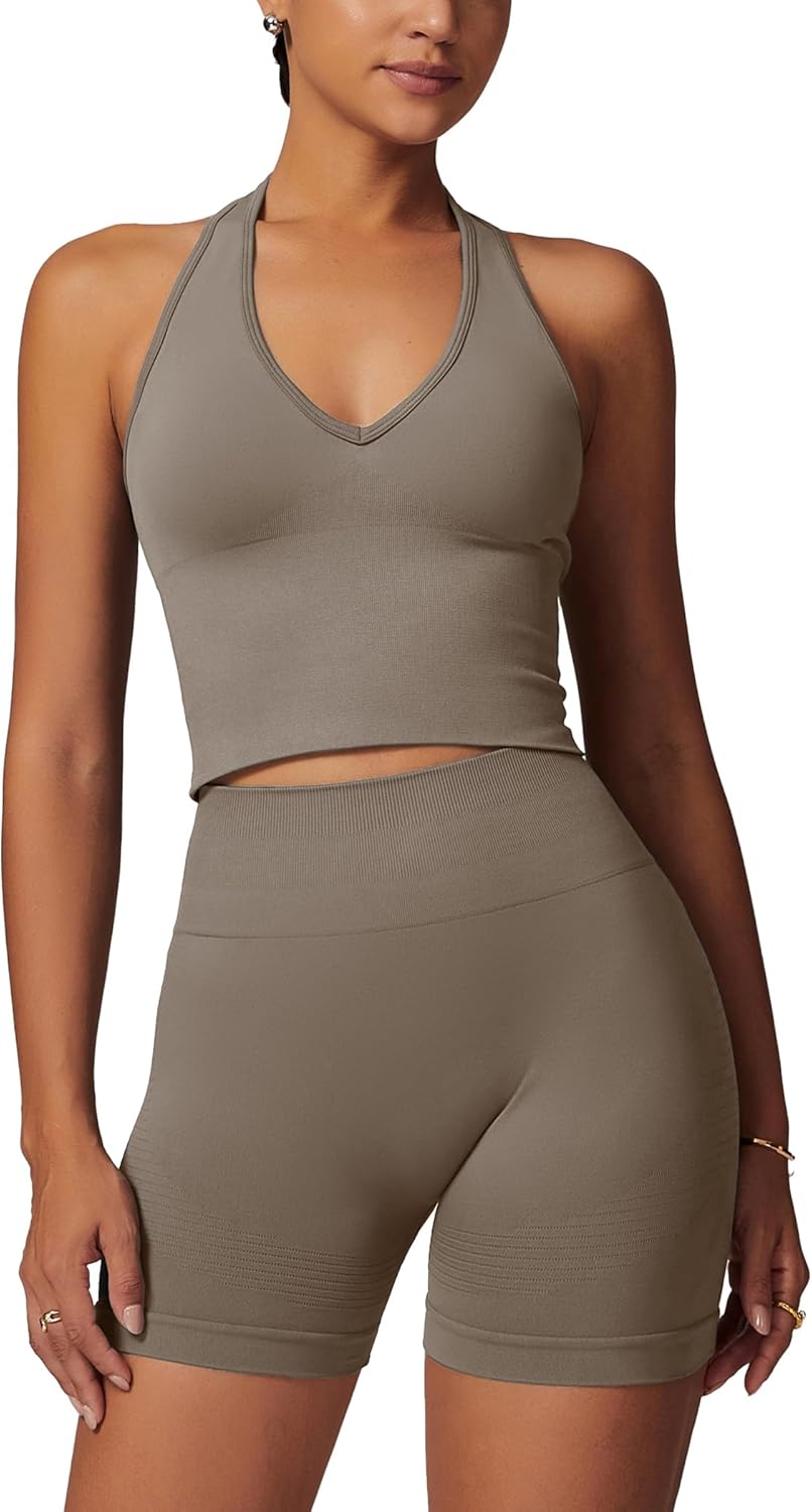 ABOCIW Workout Sets for Women 2 Piece Seamless Halter Cropped Tank Scrunch Butt Lifting High Waist Shorts Gym Sets