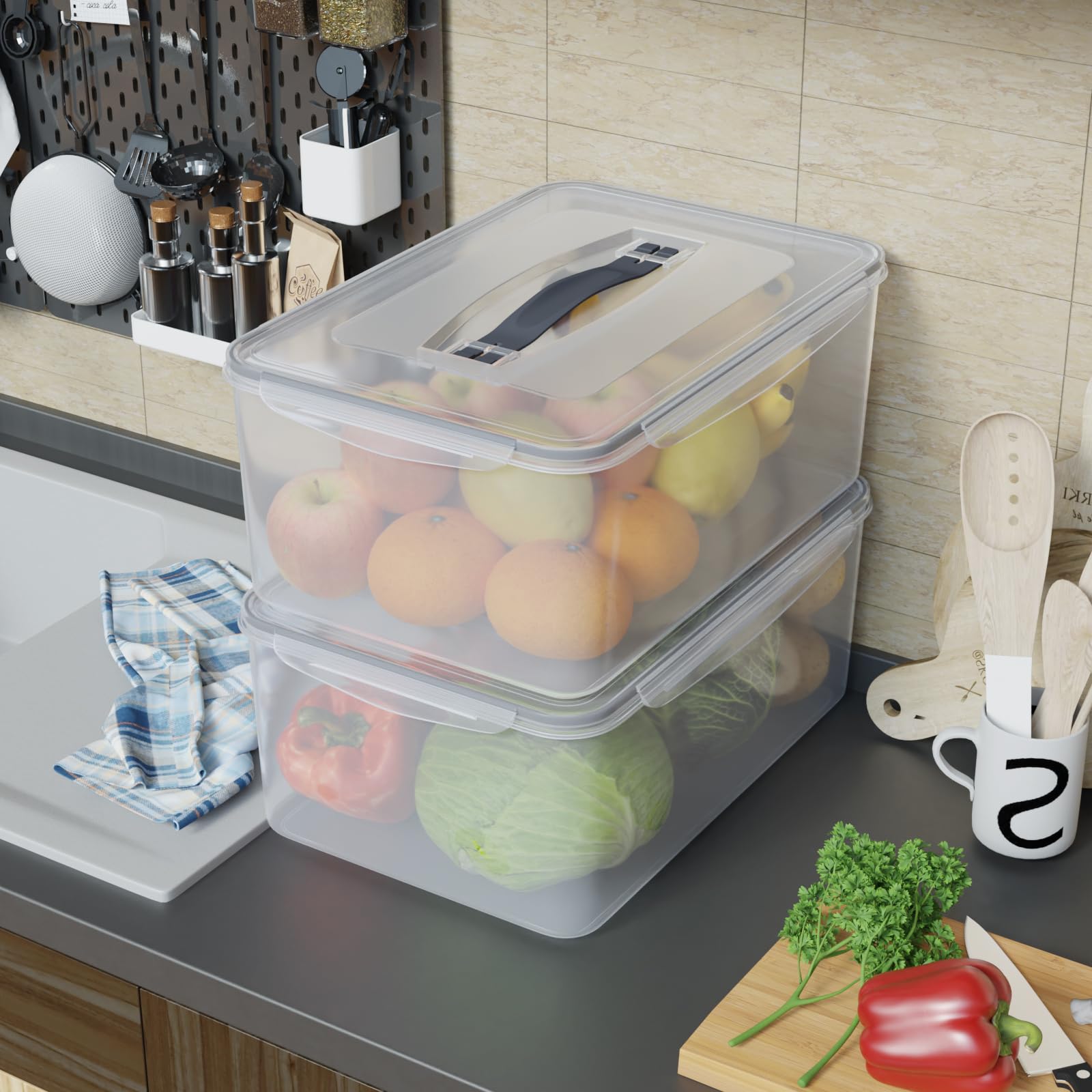 Kiddream Confezione da 2 scatole rettangolari in plastica da 15 litri con coperchio a scatto, contenitori ermetici trasparenti per alimenti