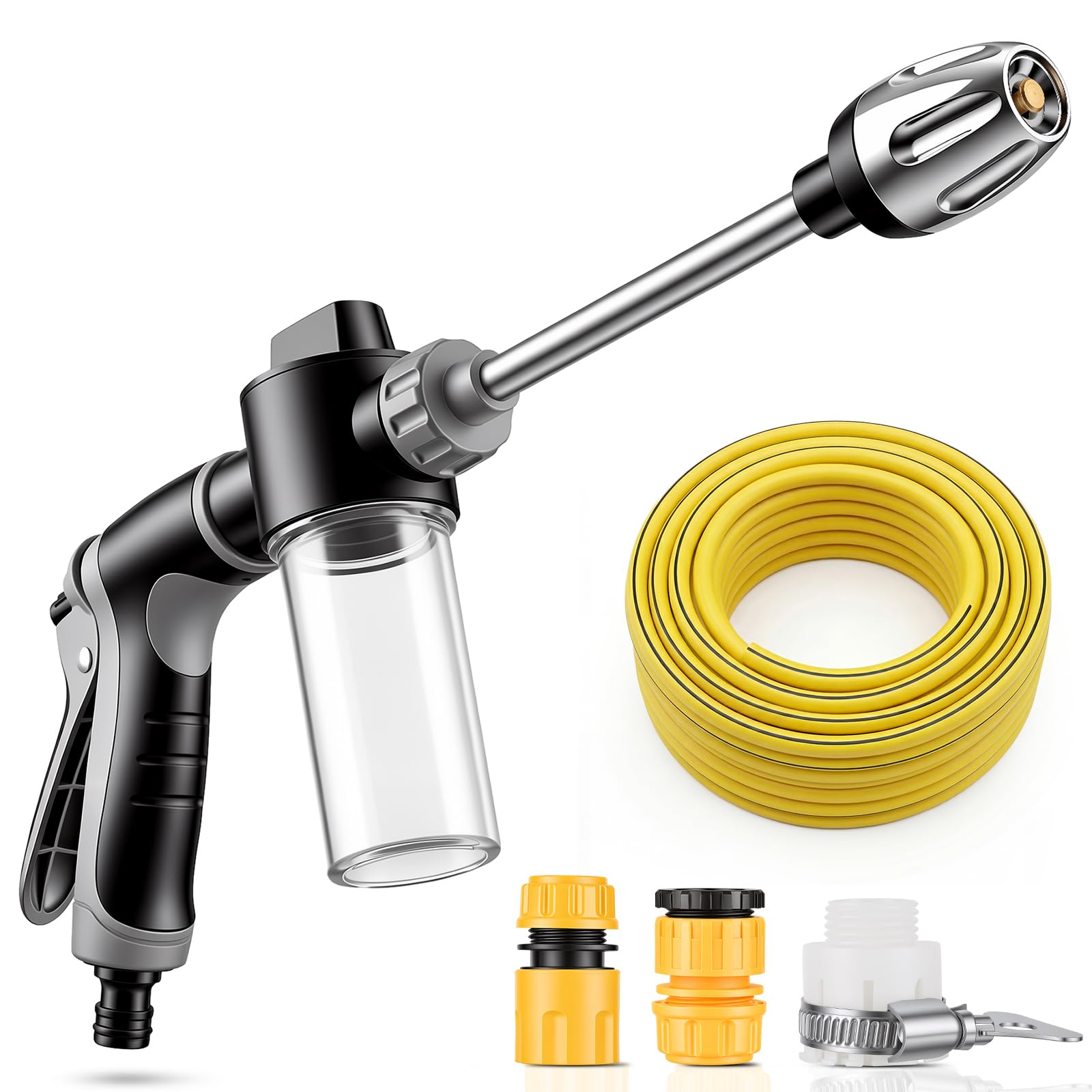 Pressure Washer Gun with 5m Hose, Garden Hose High Pressure Spray Gun with Universal Hose Nozzle & Foam Can & 3 Spray Modes, Power Jet Washers for Garden, Car, Pet Shower and Deck
