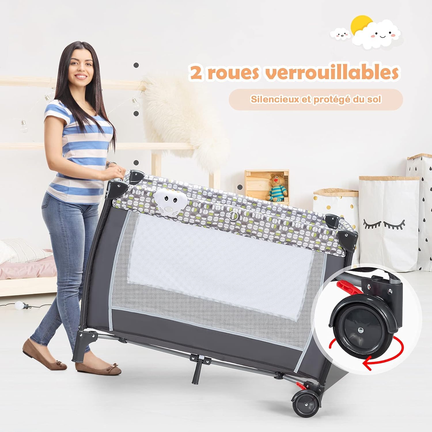 GOPLUS Cama Plegable con Ruedas, Cambiador y colchón, Cuna de Viaje con Lindos Juguetes y Bolsa de Transporte, Apta para bebés de 0 a 36 Meses, Carga máxima 15 kg, Gris