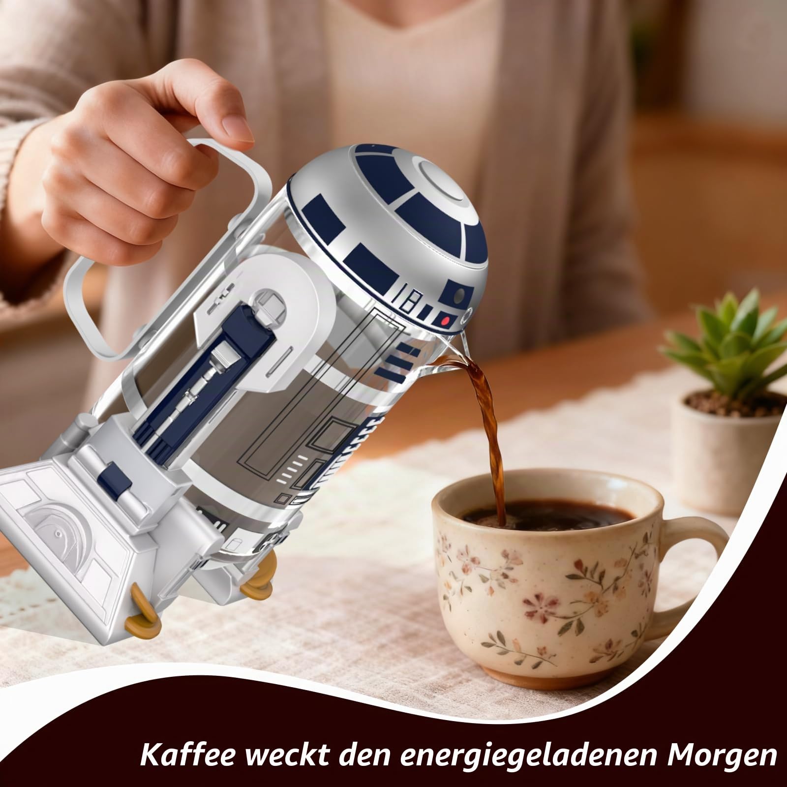TEENKON French Press Isolierter Kaffeebereiter aus 304 Edelstahl, 900 ml, Roboter R2D2, Hand-Kaffeepresse, mit Filtersieb für Kaffee und Tee (weiß)