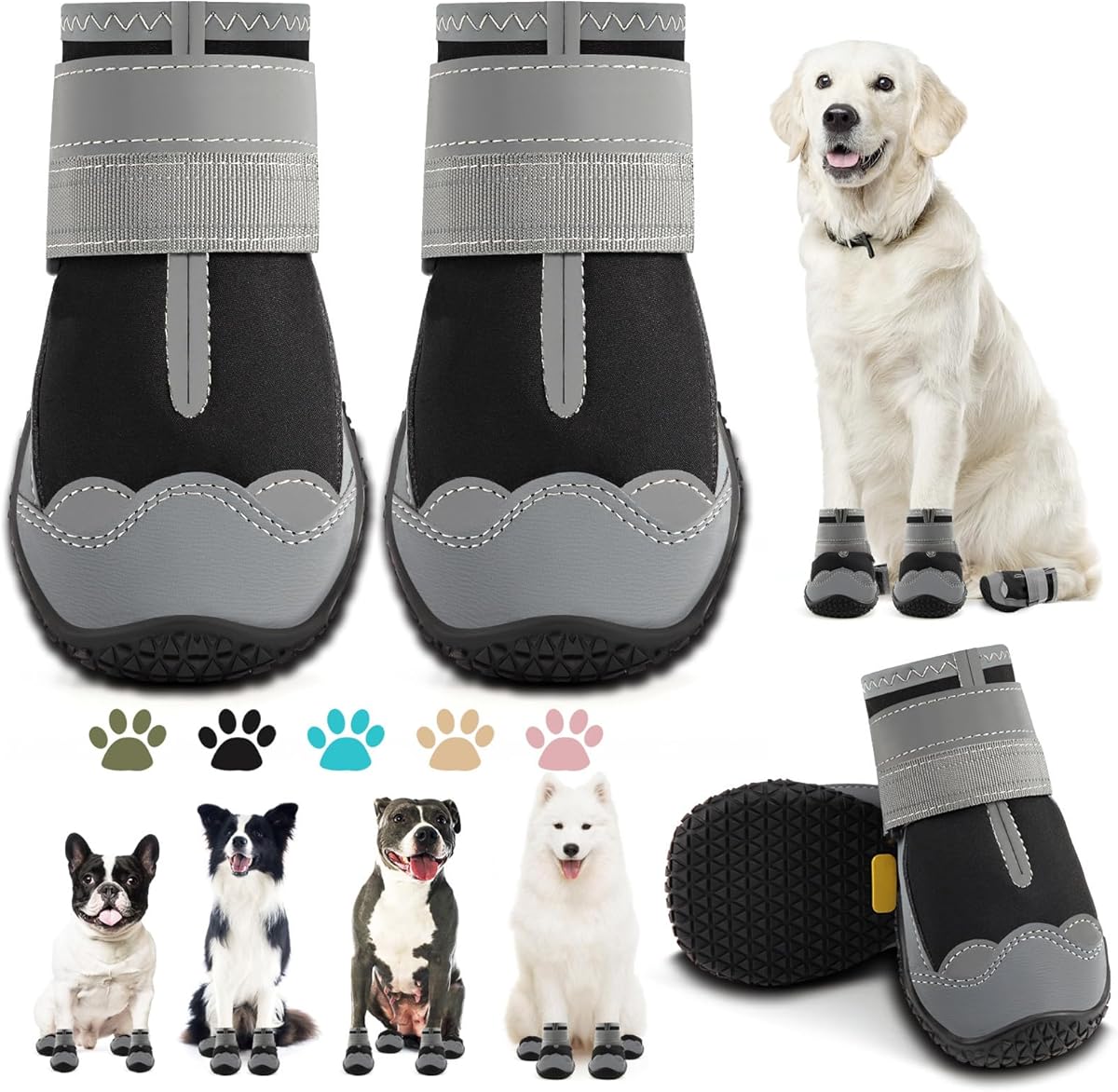 Dog Shoes for Large Dogs, Medium Dog Boots & Paw Protectors for Hardwood Floors, Outdoor Dog Booties for Hot Pavement Winter Snow Hiking, Waterproof Dog Shoes with Reflective Strips Size 3