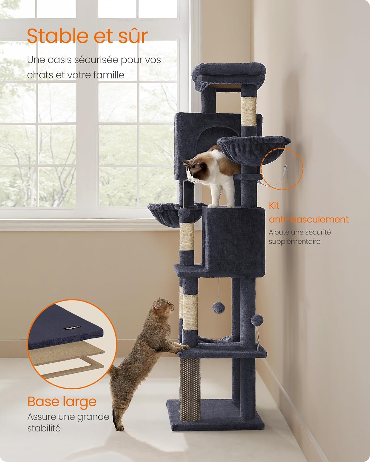 Image showing the anti-tip kit attached to the top of the cat tree and secured to a wall, alongside a wide base for stability.