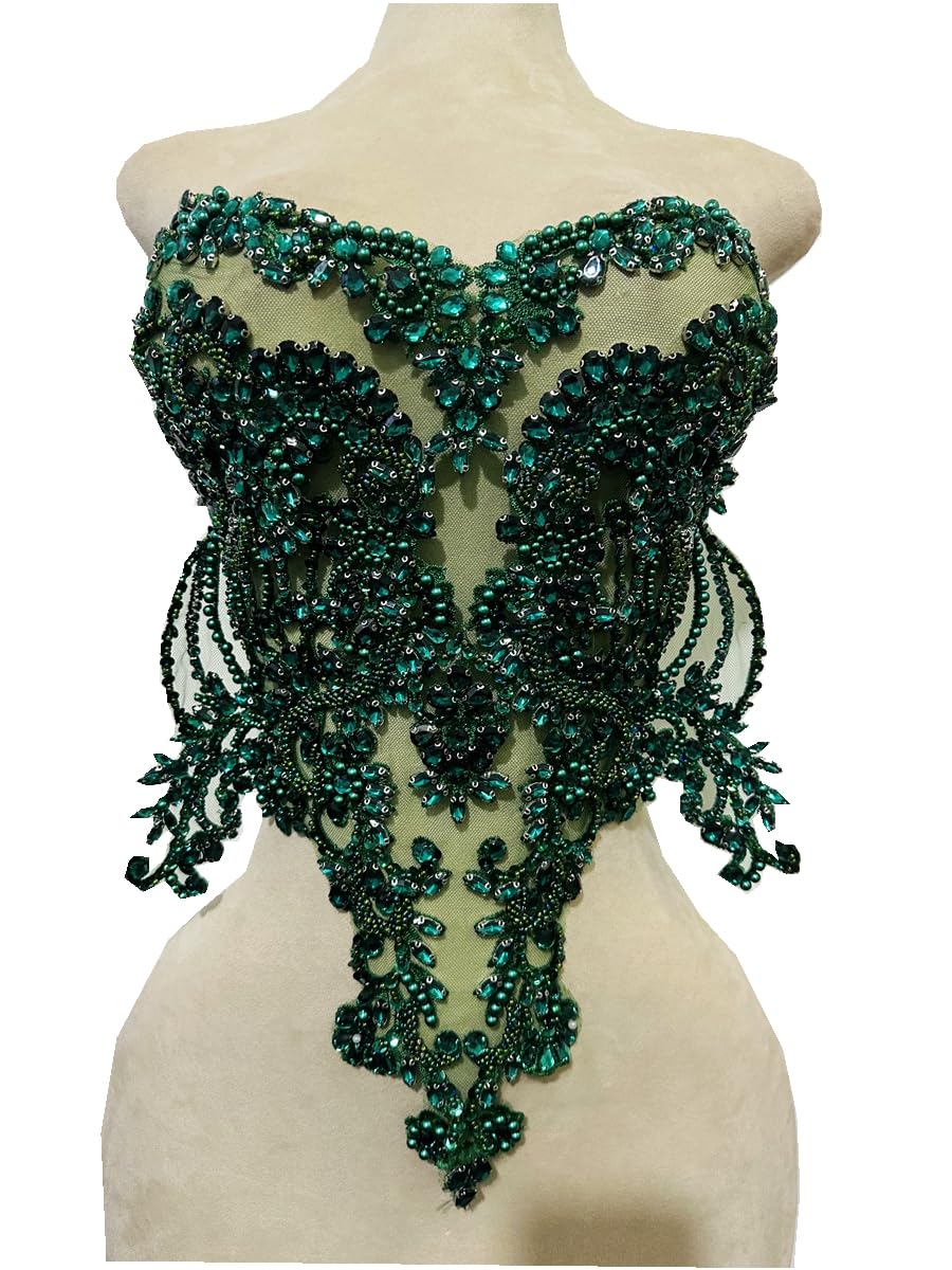 Handmade Rhinestone Lace Bodice Applique With Beads & Crystals - Sew Or Glue On Dresses, Brown, 44x34cm