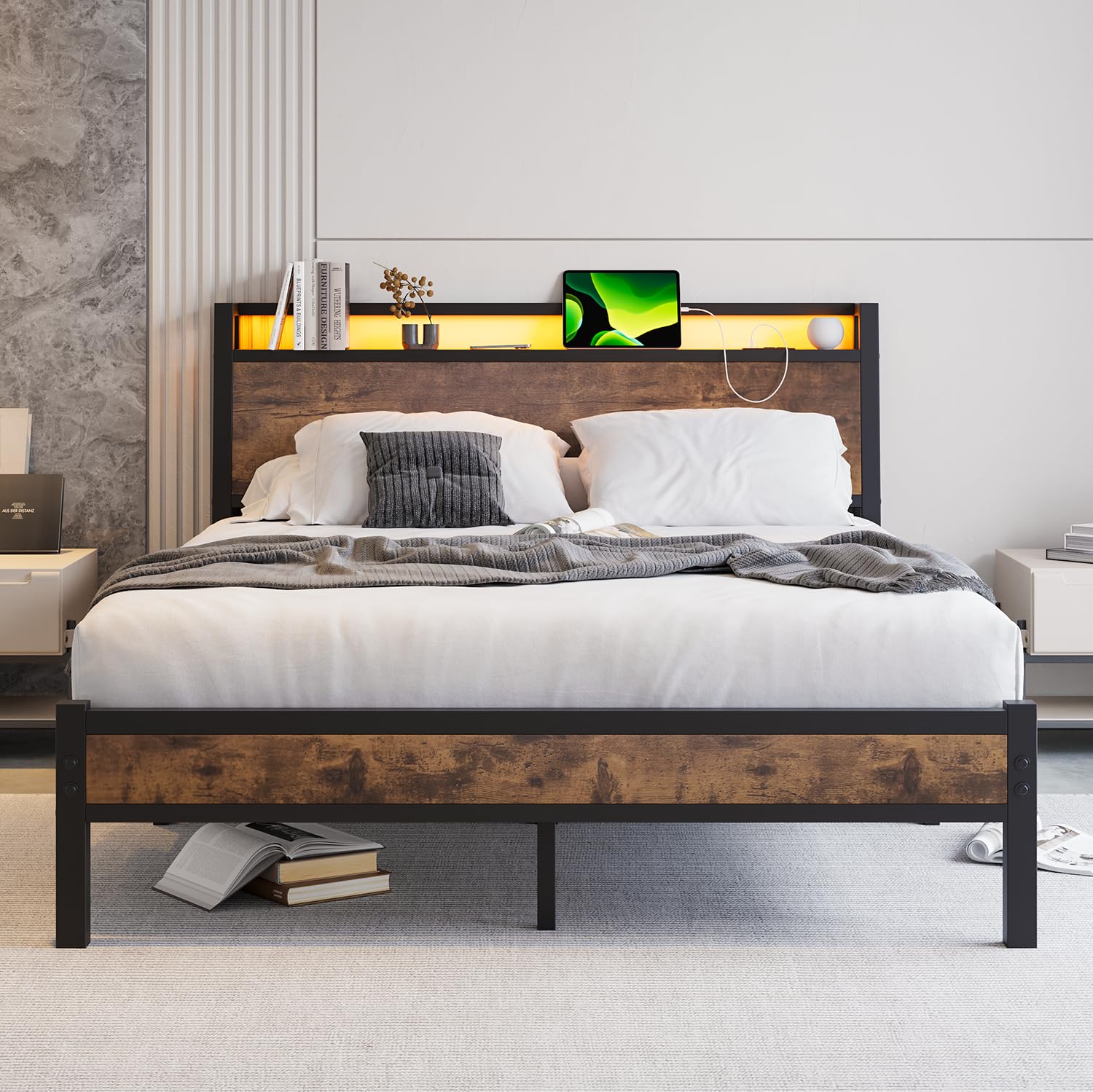 JELUTE King Size Bed Frame with Charging Station and LED Lights, Wood Headboard with Storage Shelves, Heavy Duty Metal Slats, No Box Spring Needed, Noise Free, Easy Assembly,Black