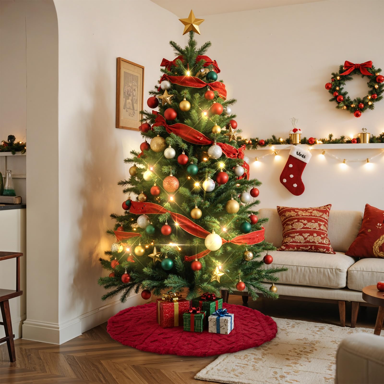 Lanpn Falda Cubre Pie para Arbol de Navidad de 40cm, Pequeño Lujo Piel Sintética Alfombra de árbol de Navidad Redondas, Cubiertas para Base Alfombra para Decoración Navideña de Interiores (Rojo)