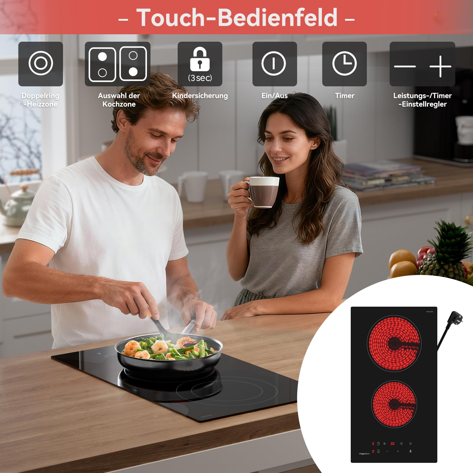 magicplux Glaskeramikkochfeld,Eingebaut schwarz Glaskeramik elektrisches Kochfeld,9 Leistungsstufen,Sensor-Touch-Steuerung, Kindersicherung, 1-99 Minuten-Timer,Geeignet für Alle Töpfe