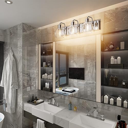 Miniatura 7 de Tipace Moderna iluminación de tocador de baño, 3 luces, de acero inoxidable industrial, acabado cromado con globo de vidrio transparente,