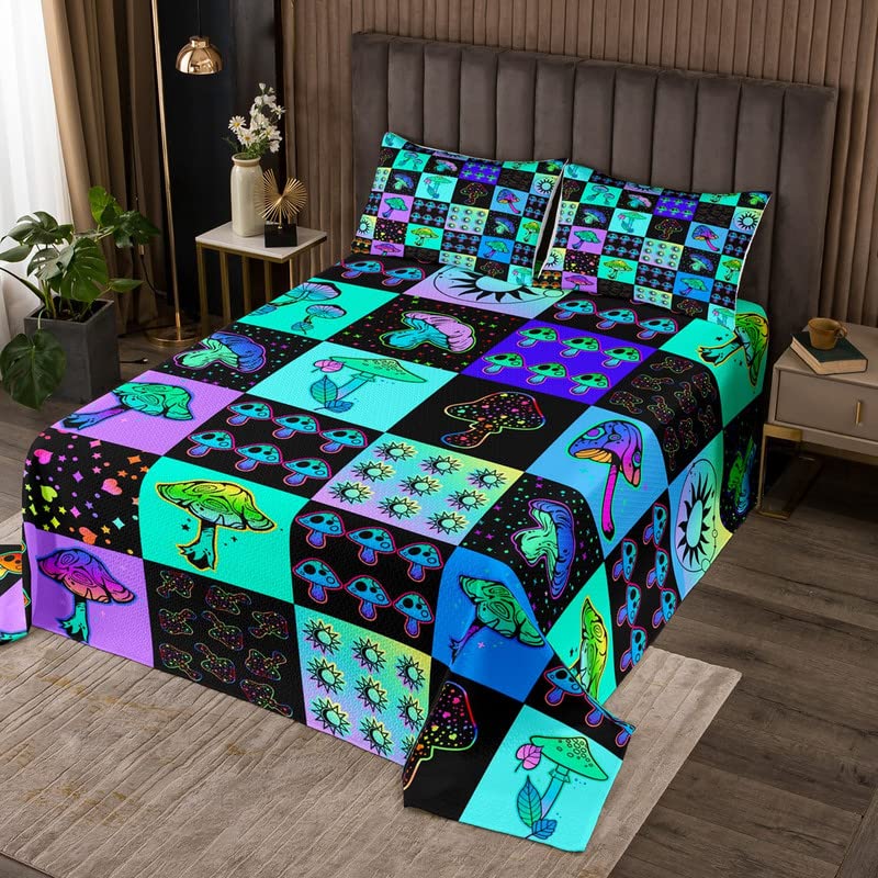 Mushroom Bedspread for Girls Boys Kids Twin Size Boho Sun Galaxy Coverlet Set Teal Purple Buffalo Check Plaid Room Decorative Quilted Coverlet Wild Mushrooms Quilted Set 2Pcs Bedspreads Quilt