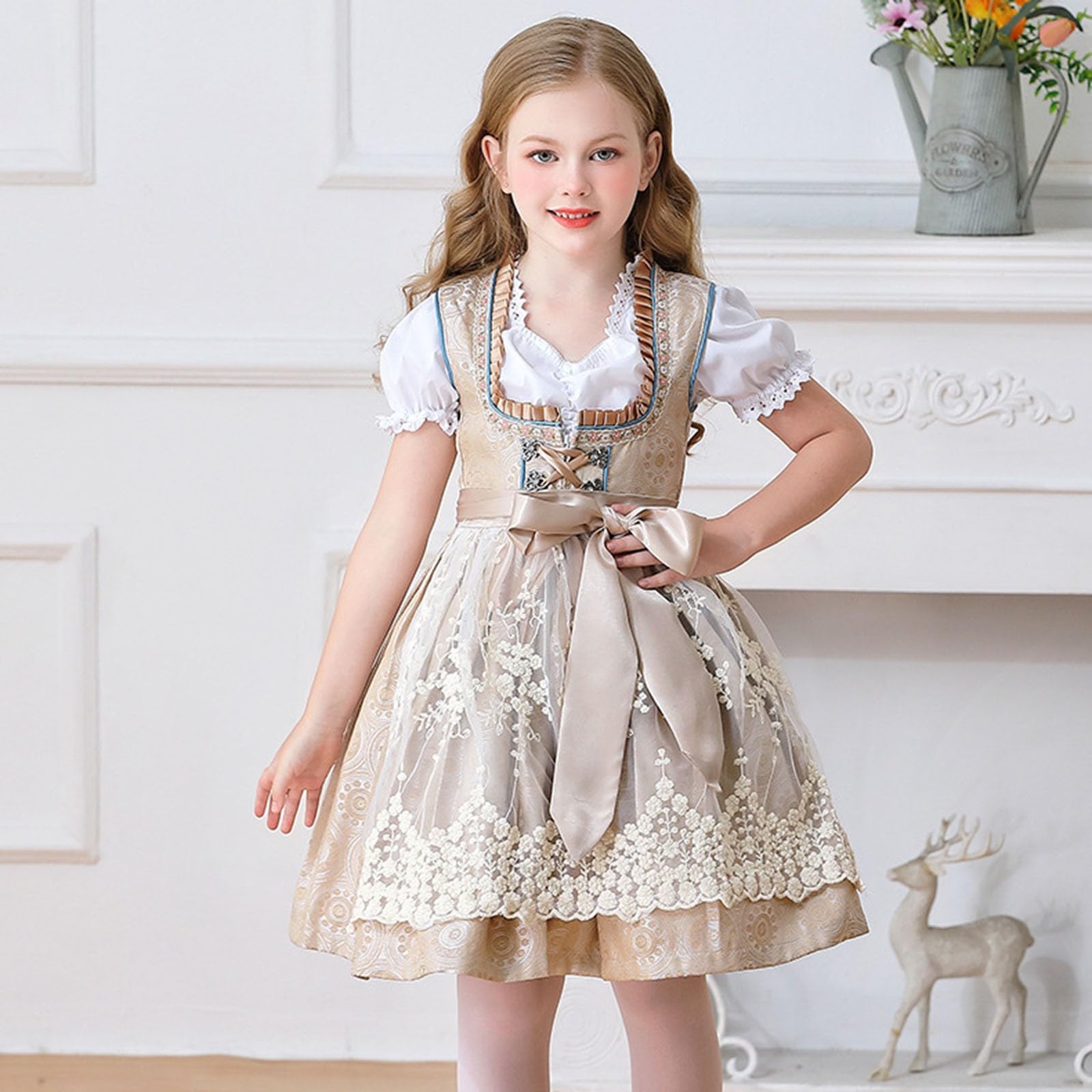 Dirndl Mädchen Midi Oktoberfest Outfit Kinder mit Puff Kurzarm Trachtenkleid Blumen Dirndl Schürze Bayerische Karneval Kleidung Münchner Bierkostüme Deutsche Bierfest Kinderdirndl