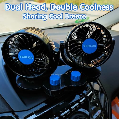Miniatura 2 de Yerloa Ventilador de coche eléctrico de 12 V, ventilador portátil para automóvil, doble cabeza, rotación de 360 grados, ventilador de aire de