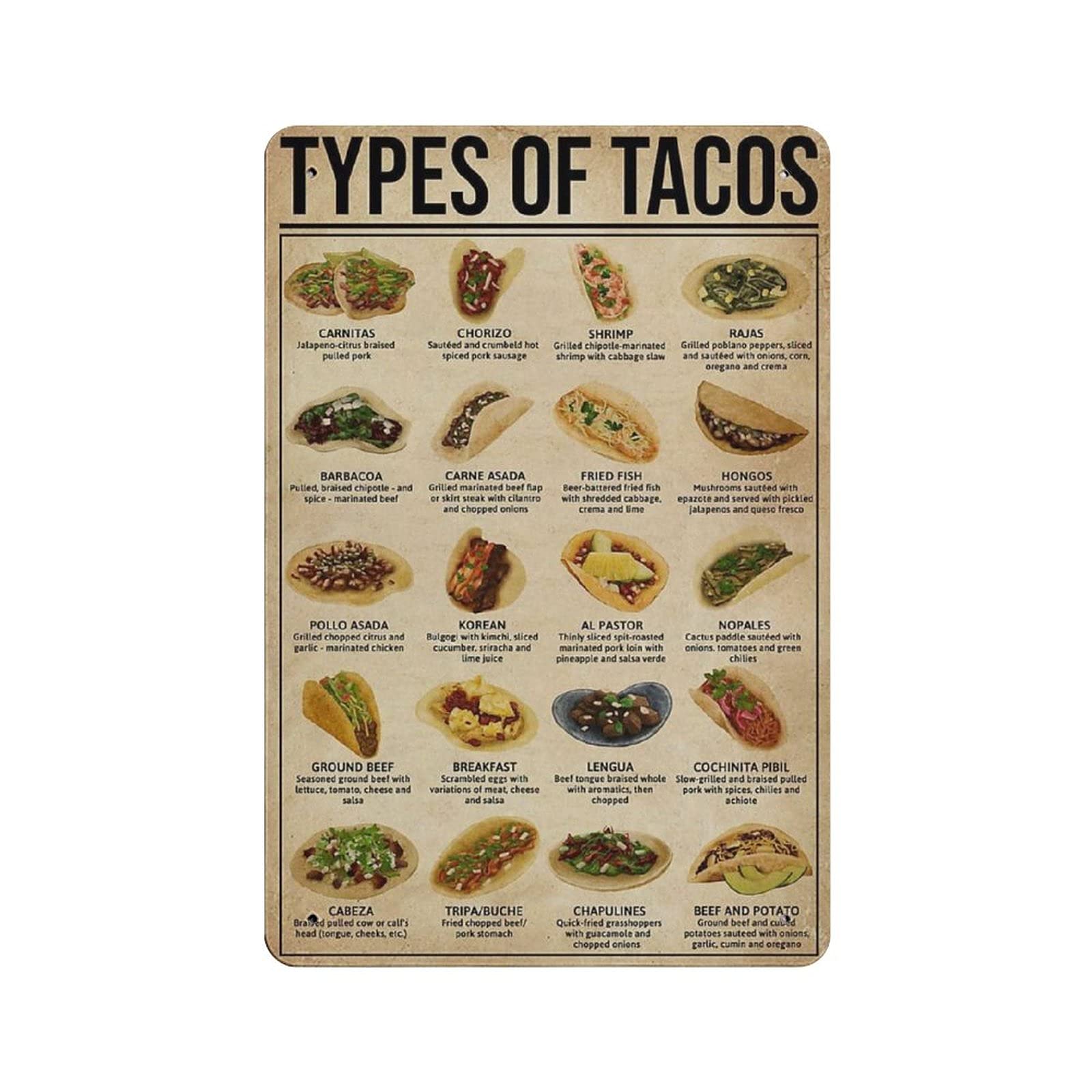 Metal Tin Sign Types of Tacos Vintage Tin Poster Metal Sign Wall Decoration Country Kitchen Home Garage Decor 12"x8"