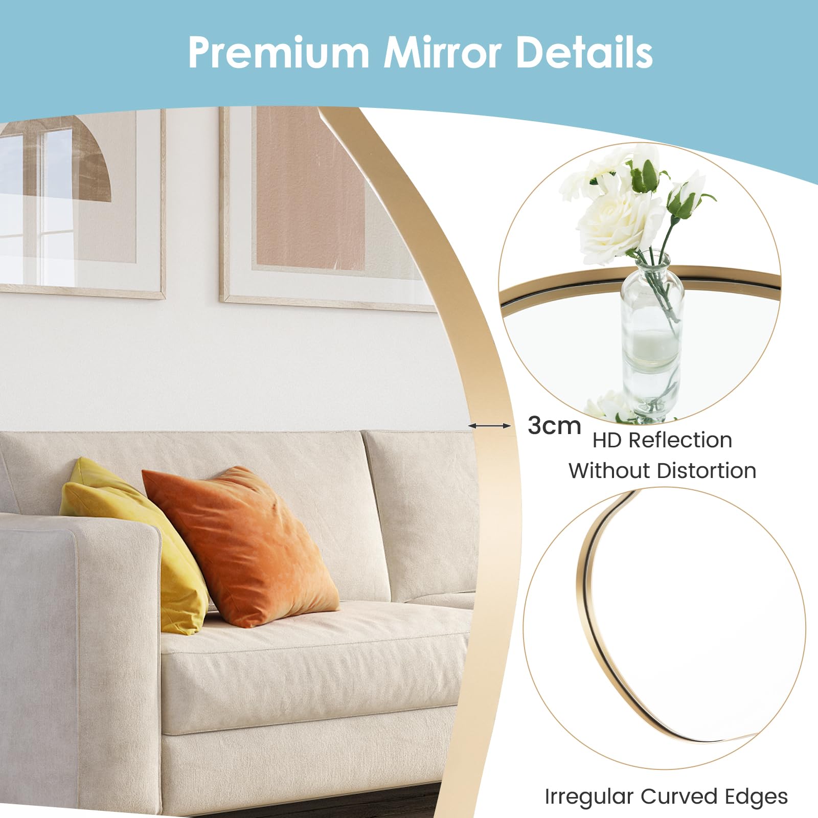 LIFEZEAL Miroir Mural Décoratif, Miroir de Forme Irrégulière avec Cadre en Métal, Miroir Asymétrique à Suspendre pour Salle de Bain, Chambre à Coucher (56 x 78 cm)