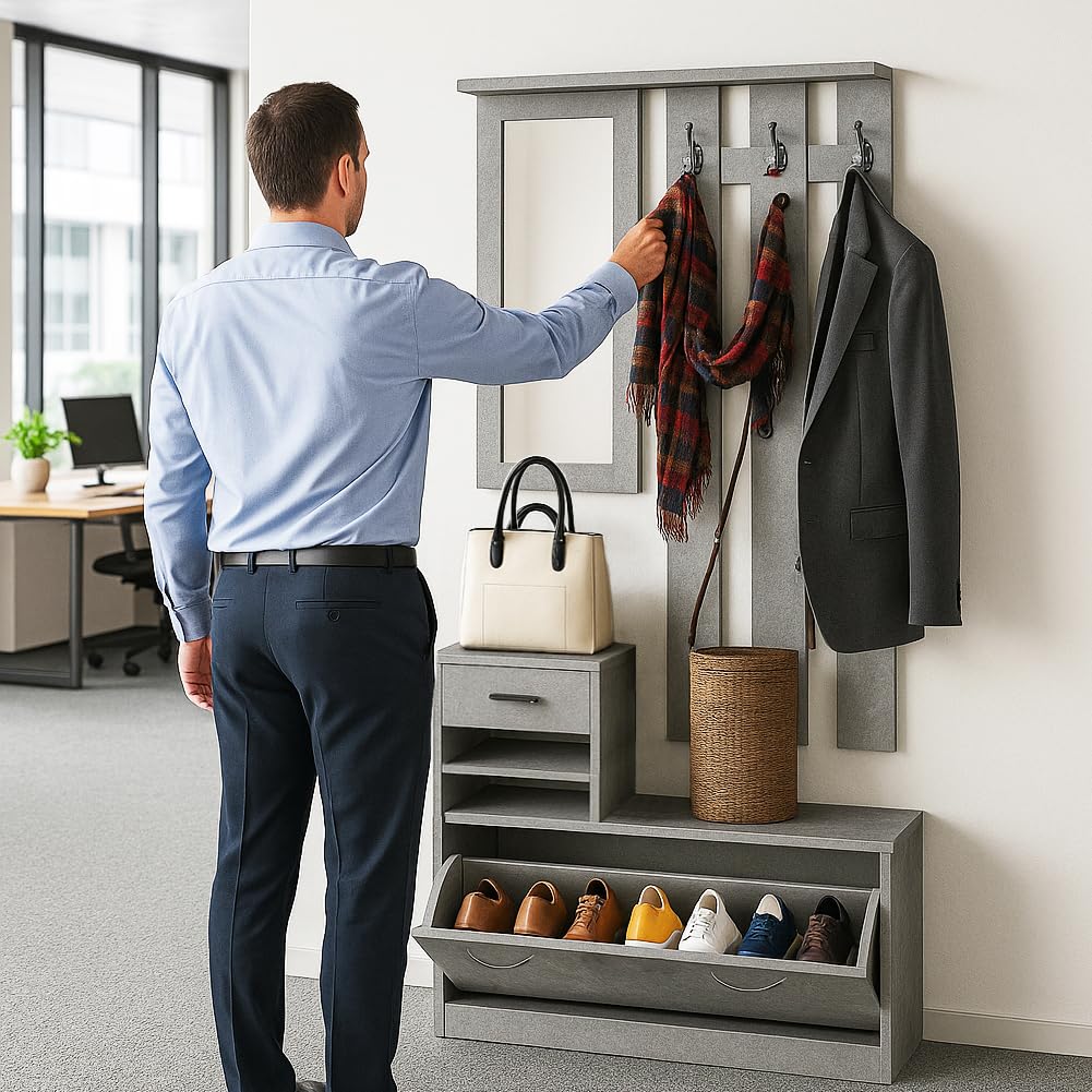 BAKAJI Set Mobili Ingresso Design Moderno con Scarpiera Panca Cassetto Specchio Rettangolare e Appendiabiti Attaccapanni 6 Ganci da Parete Casa Design Moderno in Legno (Grigio)