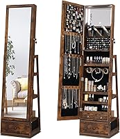 MASMIRE 360° Swivel Full Length Mirror Jewelry Armoire Cabinet with 3 Lockable Drawers, Rustic Brown Standing Organizer